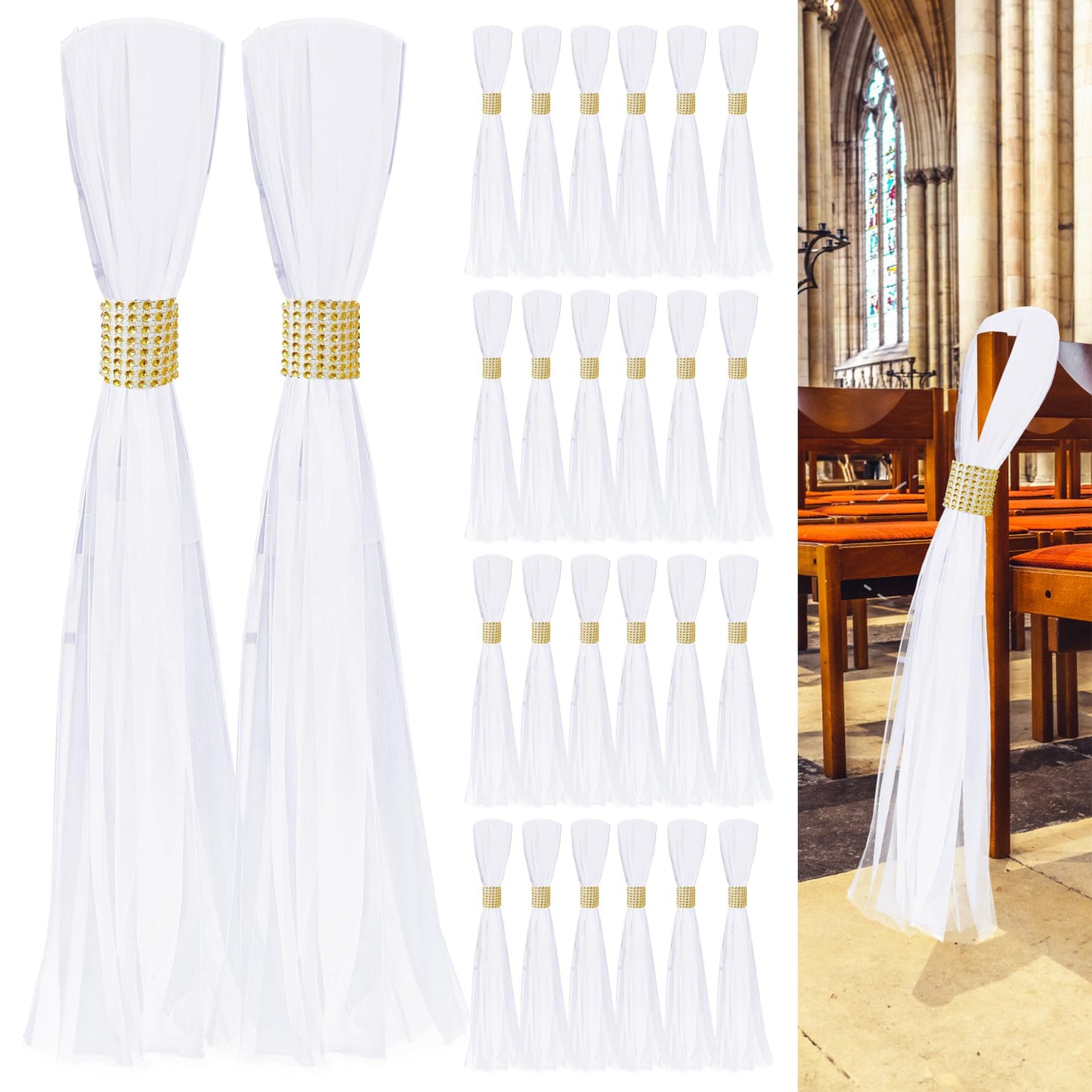 Large Extended White Pew Bows for Wedding Aisle and Church Decorations - Tulle Chair Decor, Flowers Runner for Ceremony Outside (26, Gold Wrap)