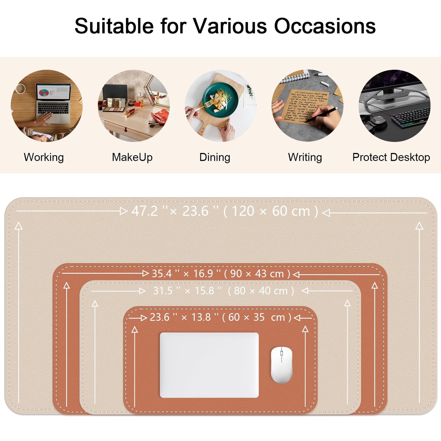 Dual-Sided Desk Mat, Large Desk Pad, Waterproof Smooth PU Leather Desk Blotter Protector Mouse Pad, Desk Organizers, Office/Home Table Decor for Reading and Writing (Beige+Orange, 47.2''×23.6'')