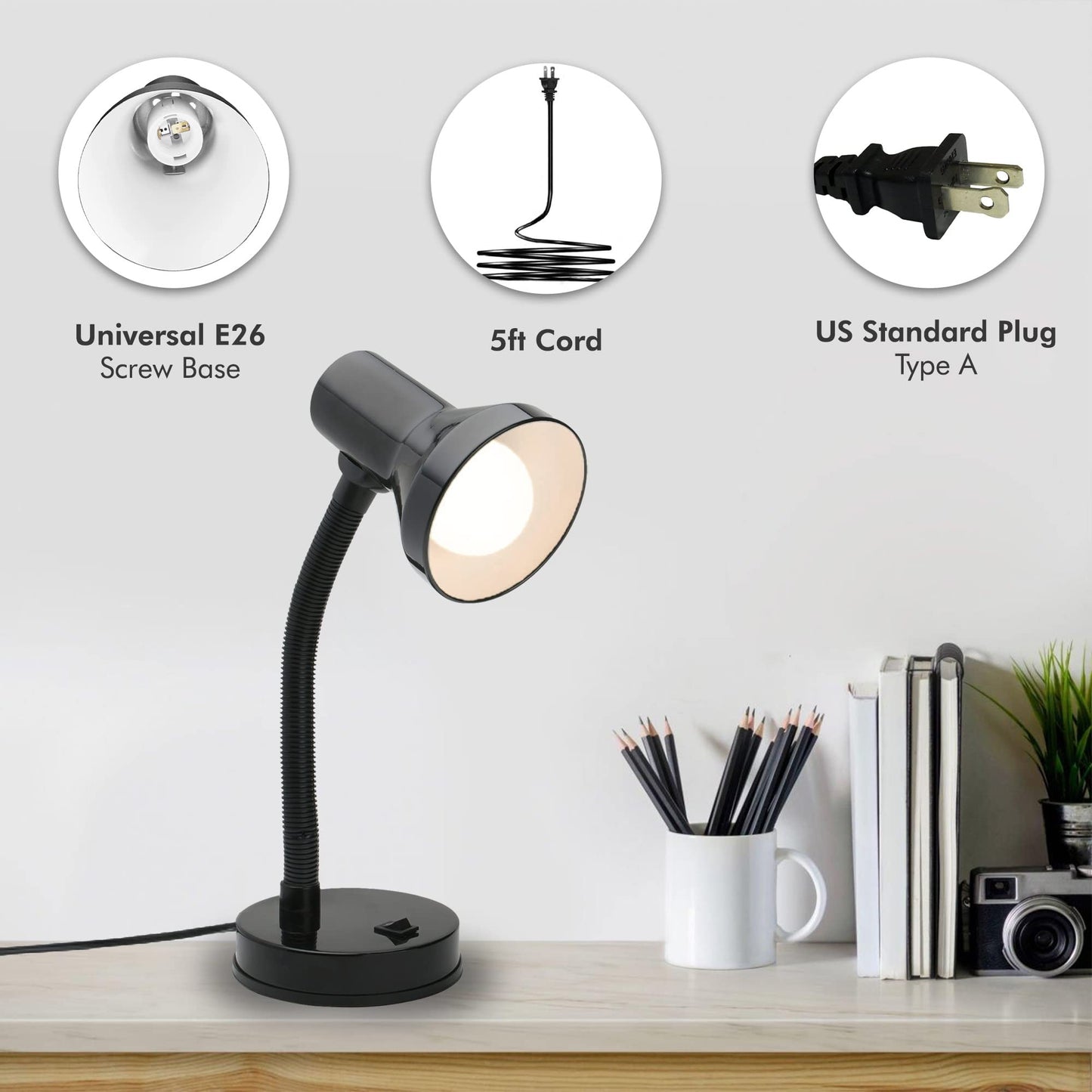 Xtricity LED Desk Light, 360° Adjustable Gooseneck, Home and Office Lamp with 7W A19 Bulb, 120V, On/Off Switch, 14” Height - Reading Lamps for Bedside Table, College Dorm (Black Finish)