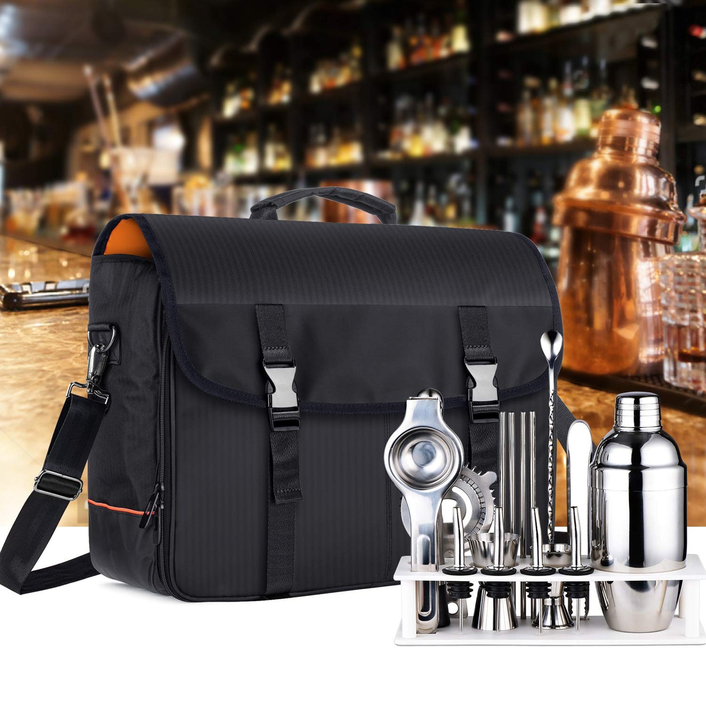 CURMIO Bartender Kit Travel Bag with Padded Compartments for Wine Bottles, Empty Messenger Bag for Bar Kit Set, Perfect for Home Indoor Outdoor Patio Party, Patent Pending, Black