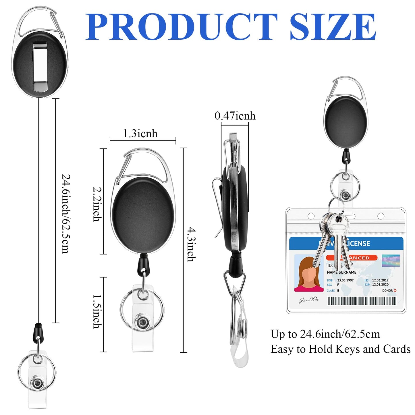 Supkiir 50 Packs Retractable Badge Reels, Heave Duty Retractable Key Chain with Carabiner Belt Clip and Key Ring, Black ID Card Holder for Staff Business School Office Supplies (24.6 Inch Pull Cord)
