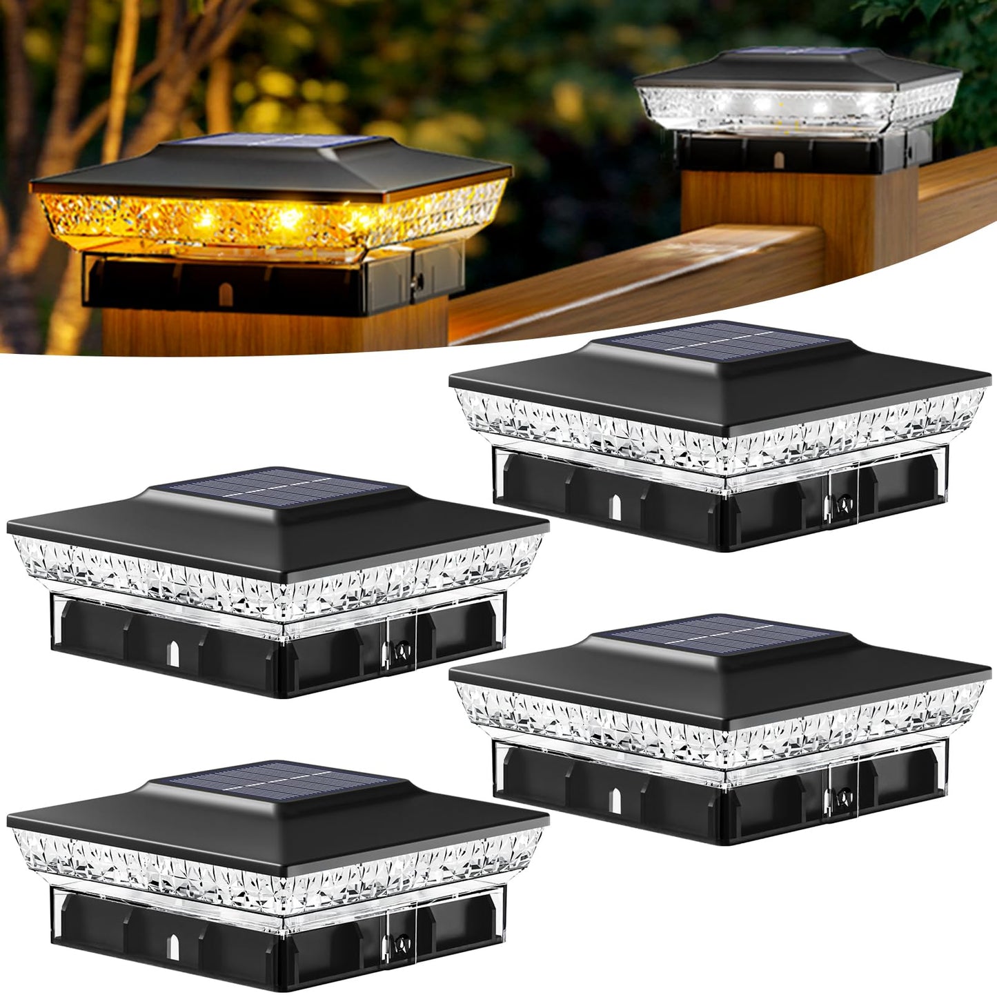 btfarm 4 Pack 4x4 Solar Post Caps Lights with 16 LED, 2 Modes Fence Post Solar Powered Lights, Waterproof Deck Solar Lights Outdoor Fits Vinyl Wooden Post for Patio Garden, Warm/Cool White (Black)