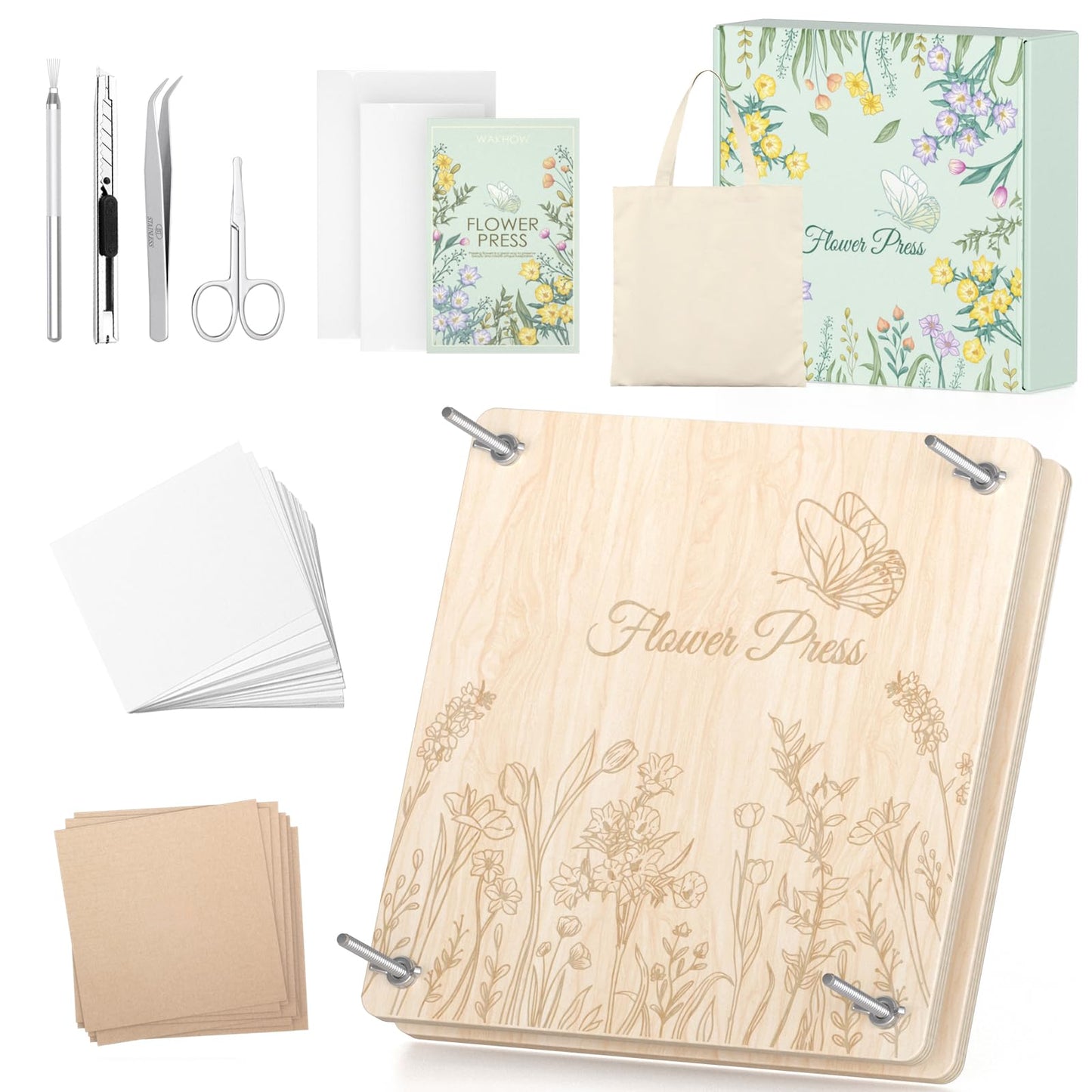 Wakhow Flower Press Kit – 11" x 11" Large Wooden Flower Presser for Adults & Teens | DIY Bouquet Preservation & Dried Flower Art | Ideal Gift for Nature & Craft Lovers