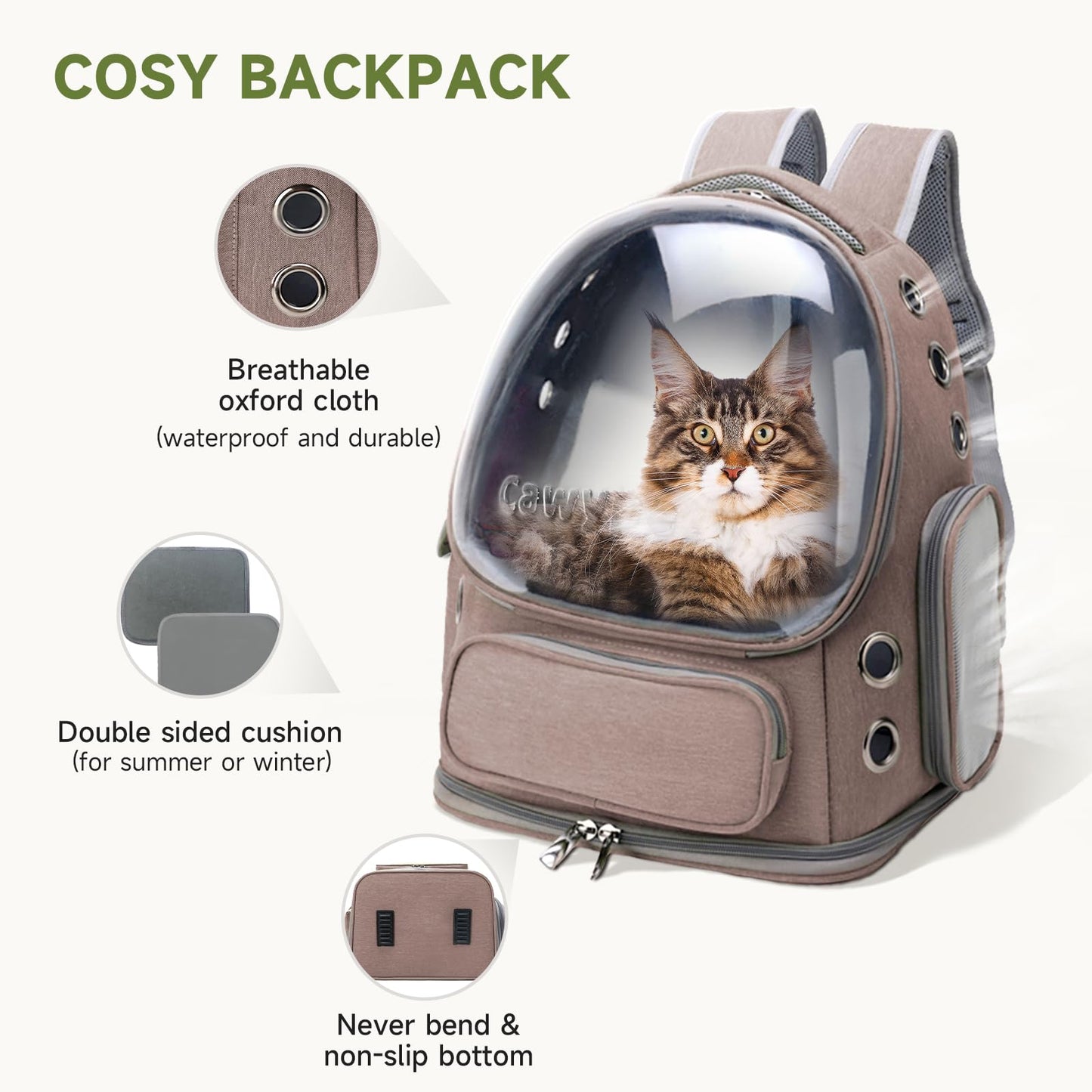 Cawypety Cat Carrier, Cat Backpack Carrier, Large Bubble Backpack for Under 15 lbs, Dog and Small Pet, Breathable Cat Bag Carrier Used in Travel, Car, Pet Carrier (Khaki)