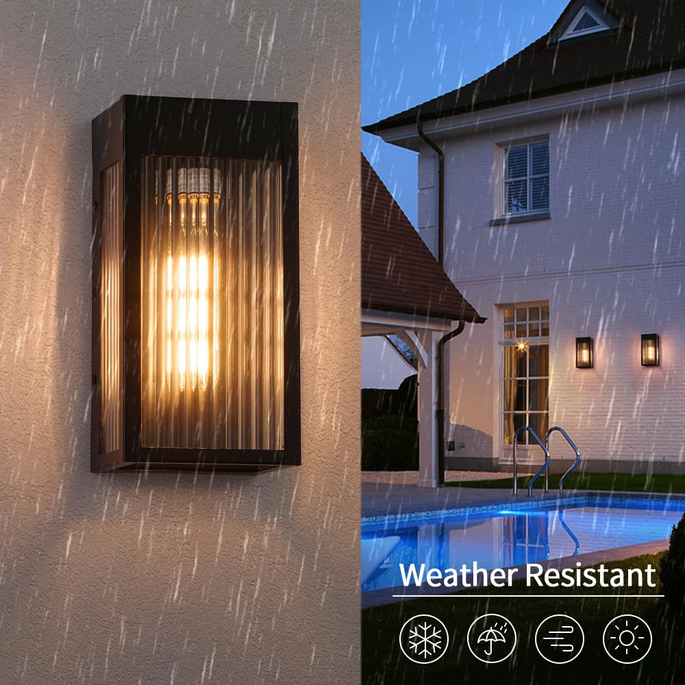 Cerdeco Black Outdoor Wall Light with Striped Tempered Glass,Modern Outdoor Wall Sconce with E26 Socket,2 Pack