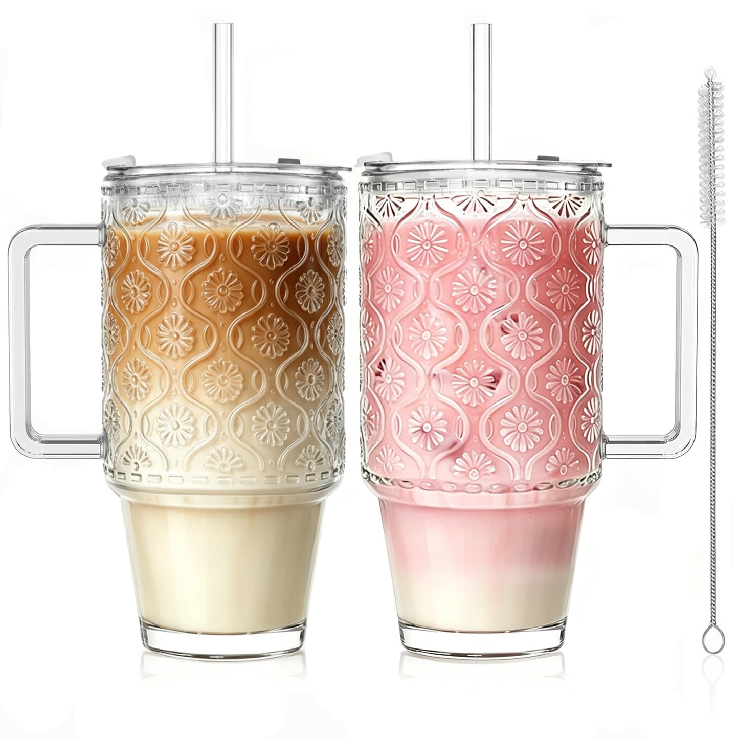 KEMORELA 24oz Ribbed Glass Cups with Lids and Straws,Glass Tumbler with Handle,2 set–Reusable Glass Ice Coffee Cups with Lid and Straw for Smoothies,Tea,Juice,Boba Cup for Cold & Hot Drinks,Travel Cup