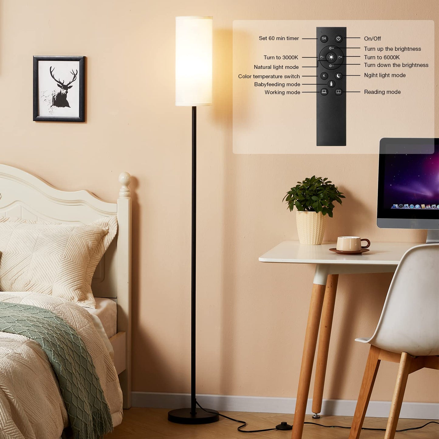 Ambimall Floor Lamp with Remote Control- Dimmable Standing Tall Lamp, Floor Lamps for Living Room, Bedrooms, Stepless Adjustable 3000K-6000K Colors, 10-100% Brightness, Foot Switch
