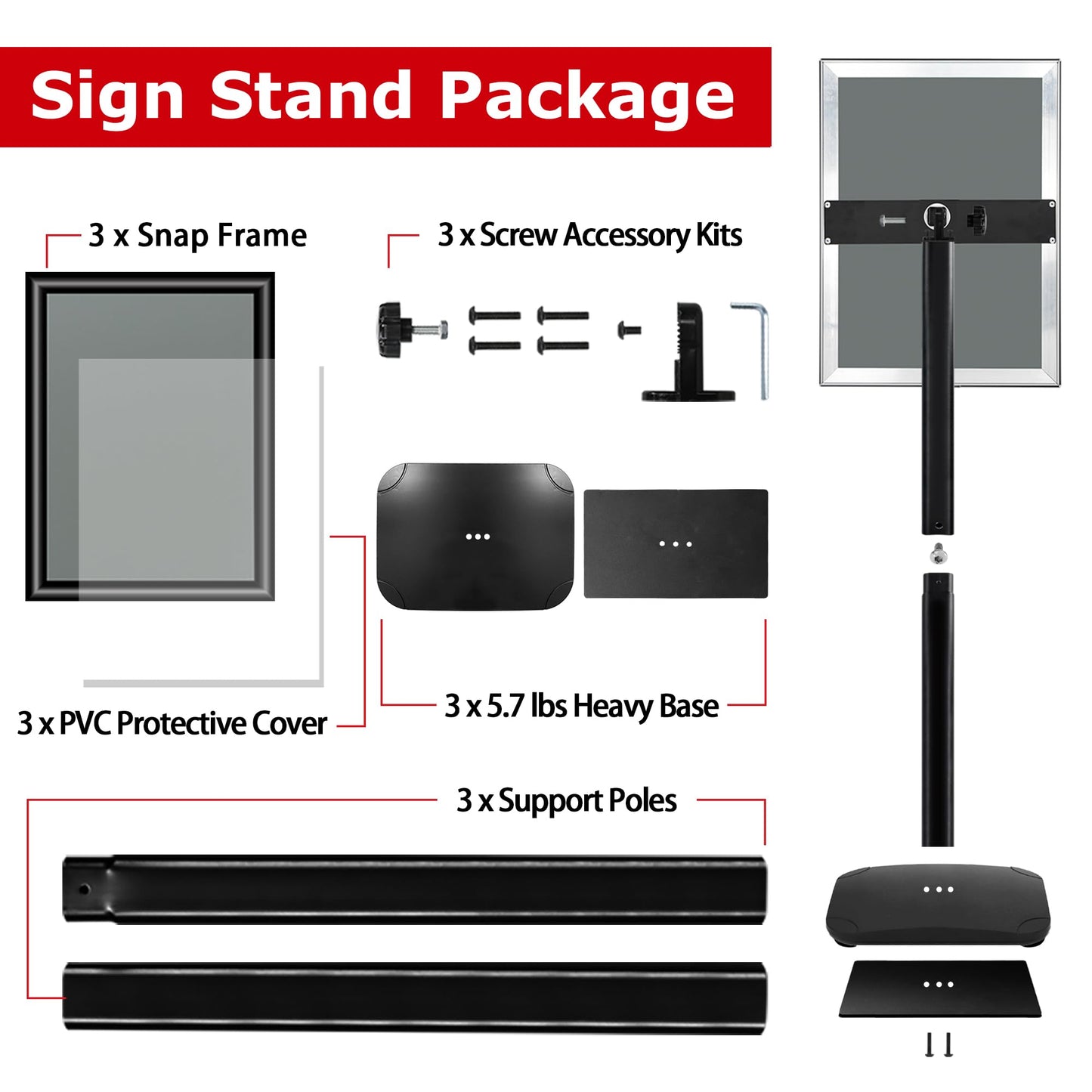 VAIIGO Pedestal Sign Stand for Display, 11 x 17 inches Adjustable Floor Standing Sign Holder with Heavy Base & Snap Frame for Indoor Outdoor Menu Flyers Signage Poster Display Stand, Black