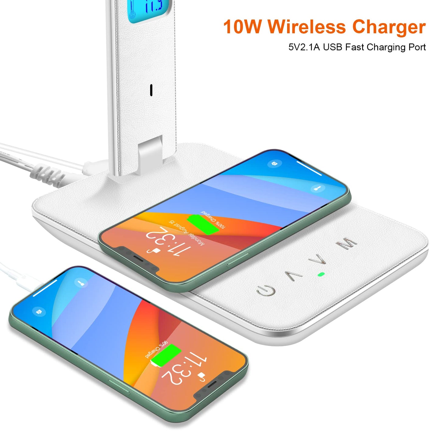 Whicow LED Desk Lamp, Desk Light with Wireless Charger, USB Charging Port, Dimmable Office Desk Lamp with Clock, Alarm, Date, Temperature, Foldable Table Lamp for Table Bedroom Bedside Office