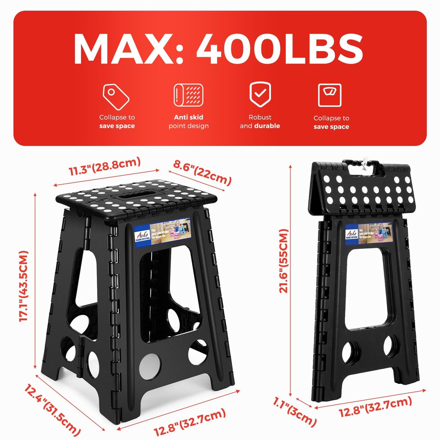 ACKO Folding Step Stool 17.5 Inch Heavy Duty Step Stool Foldable for Adults and Kids, Collapsible Black Stool with Handle, Non Slip Folding Stools for Kitchen Hold Up to 400lbs