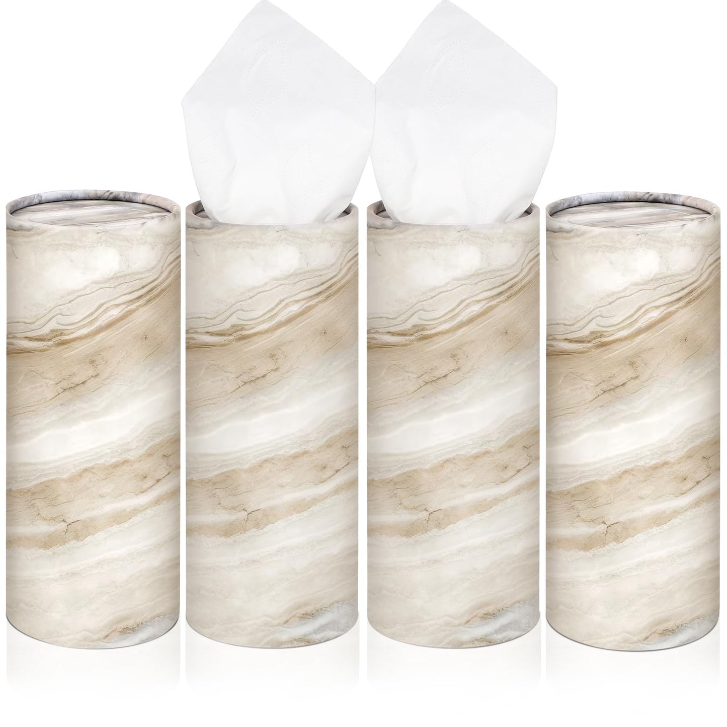 Geyoga 4 Pack Car Tissue Holder Marble Print Car Tissues Cylinder Round Paper Boxes with 50 Facial Paper Towel Per Box for Brown Refill Round Container for Home Office Travel Gift(Brown)