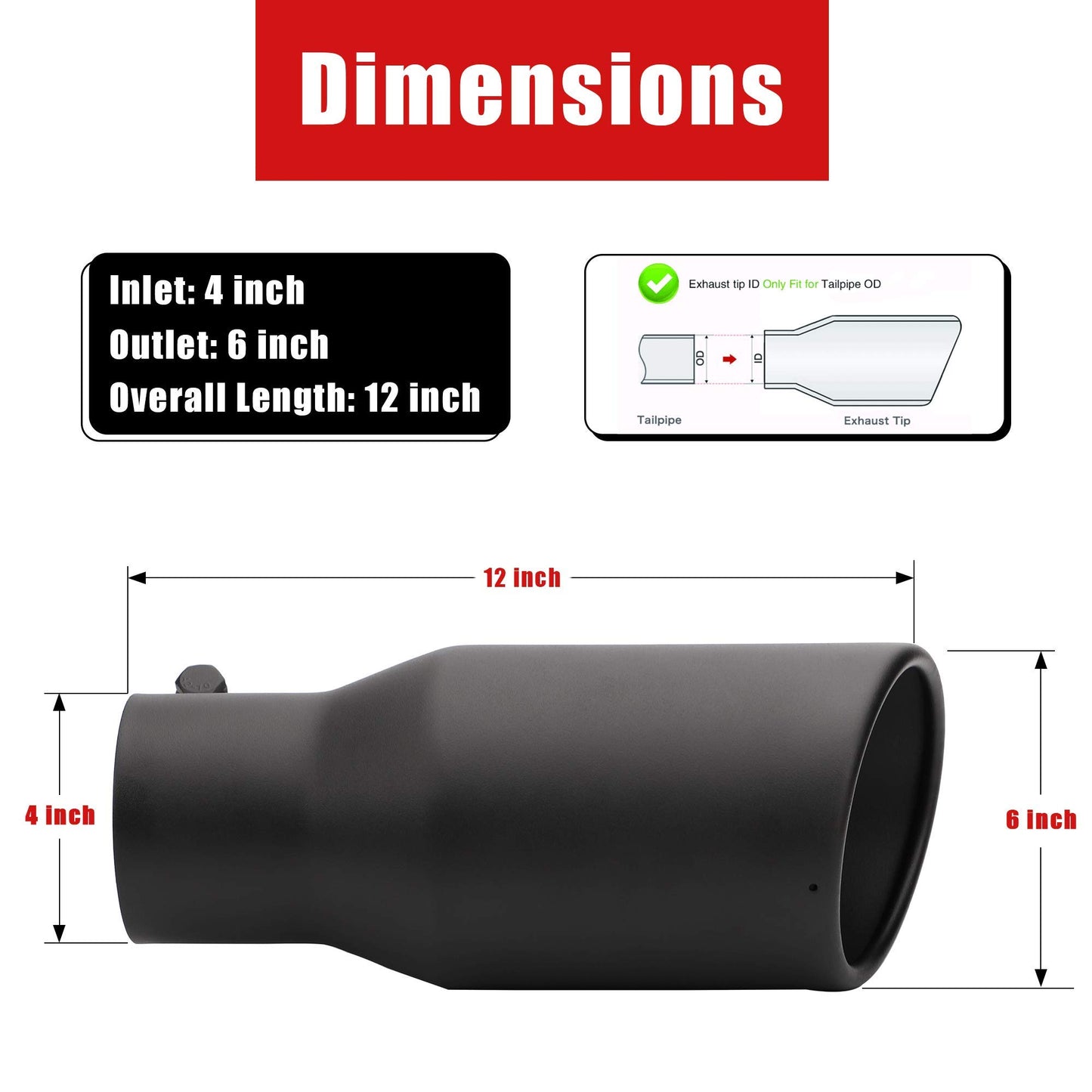 4" Inlet Black Exhaust Tip, 4" x 6" x 12" Clamp On Design Universal Stainless Steel Diesel Exhaust Tailpipe Tip with Ball End L Wrench