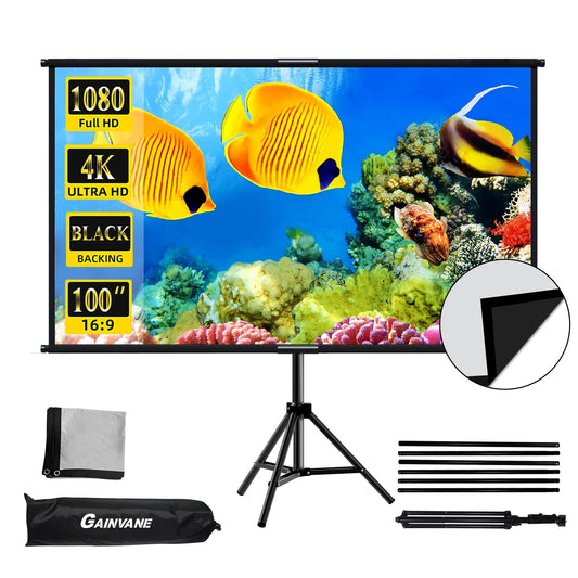 Projector Screen with Stand 100 inch,Indoor Outdoor Projection Screen with Black Backing,16:9 HD Premium Wrinkle-Free Tripod Screen for Projector with Storage Bag