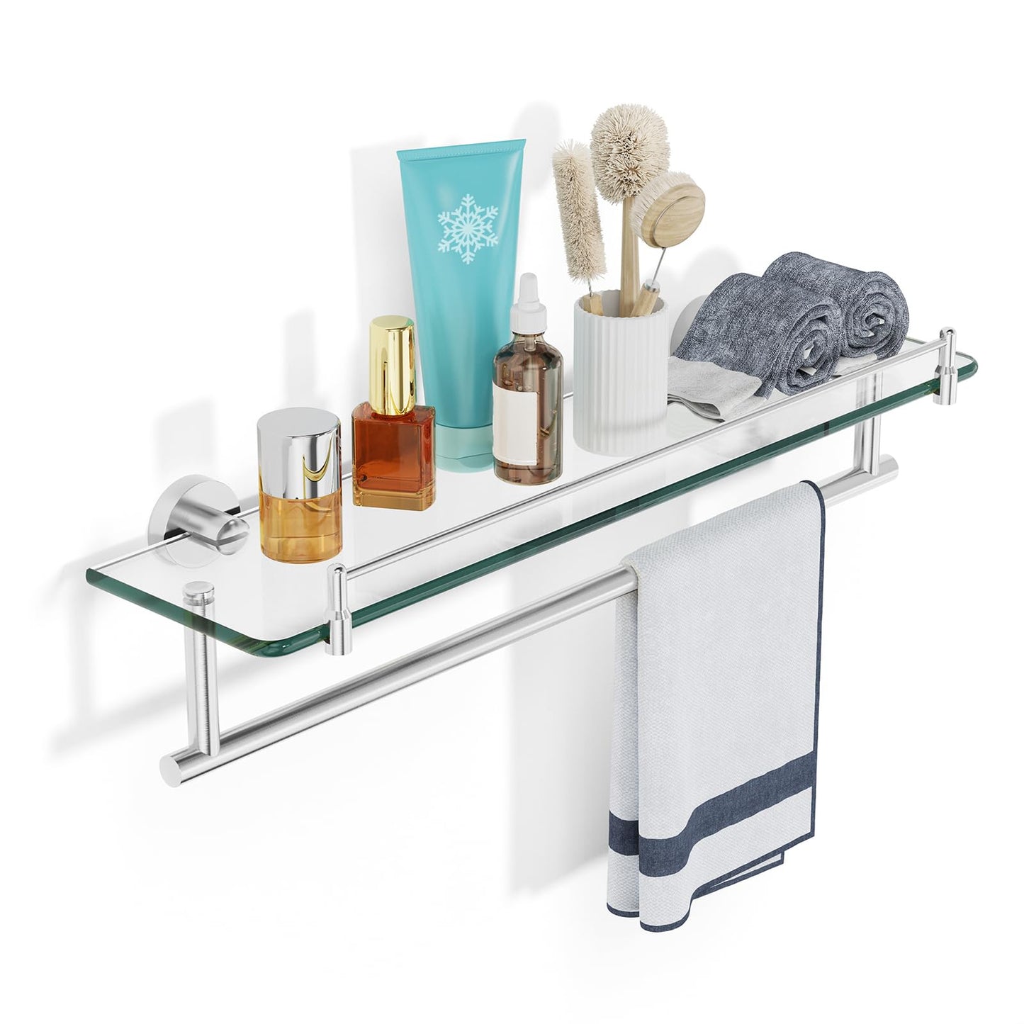KOCOK 20" Tempered Glass Bathroom Shelf with Towel Bar, Brushed Nickel and Stainless Steel, Rustproof Tower Stand with Shelves