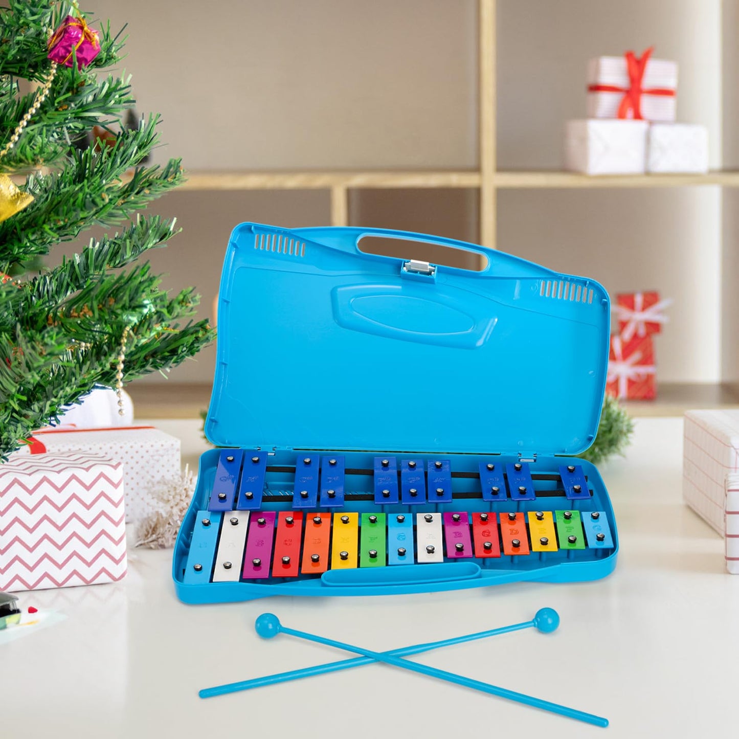 Foraineam Xylophone, 25 Notes Colorful Metal Keys Glockenspiel Xylophone, Percussion Musical Instrument with Carry Case and 2 Safe Mallets for Beginners
