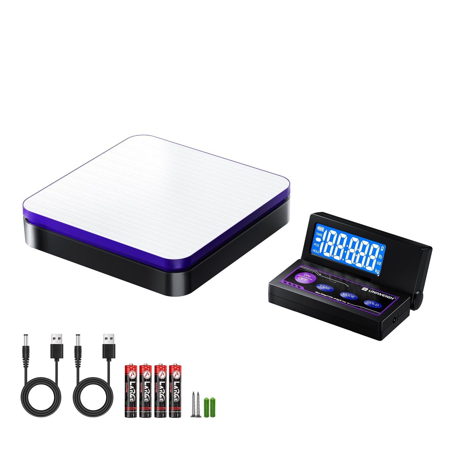 UNIWEIGH Digital Shipping Postal Scale 110lbs/0.1oz Accurate,Foldable LCD,Package Scale with Stainless Steel Platform/5 Units/Tare/Hold Function,Postage Scale for Packages,Mail Scale,Black + Purple