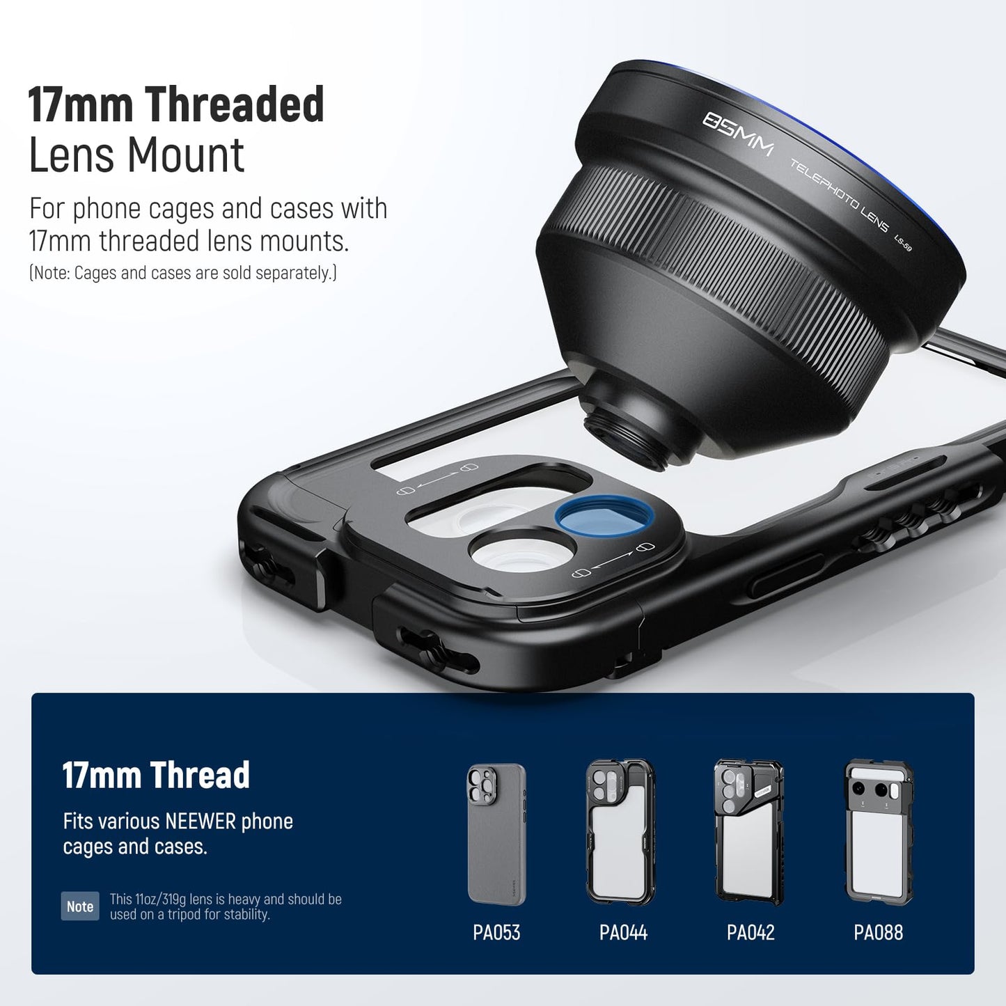 NEEWER HD 85mm Telephoto Phone Lens Only for 17mm Thread Backplate, 2.5X Magnification Compatible with SmallRig Phone Cage NEEWER Case for iPhone Samsung with 17mm Lens Adapter & Lens Hood, LS-59