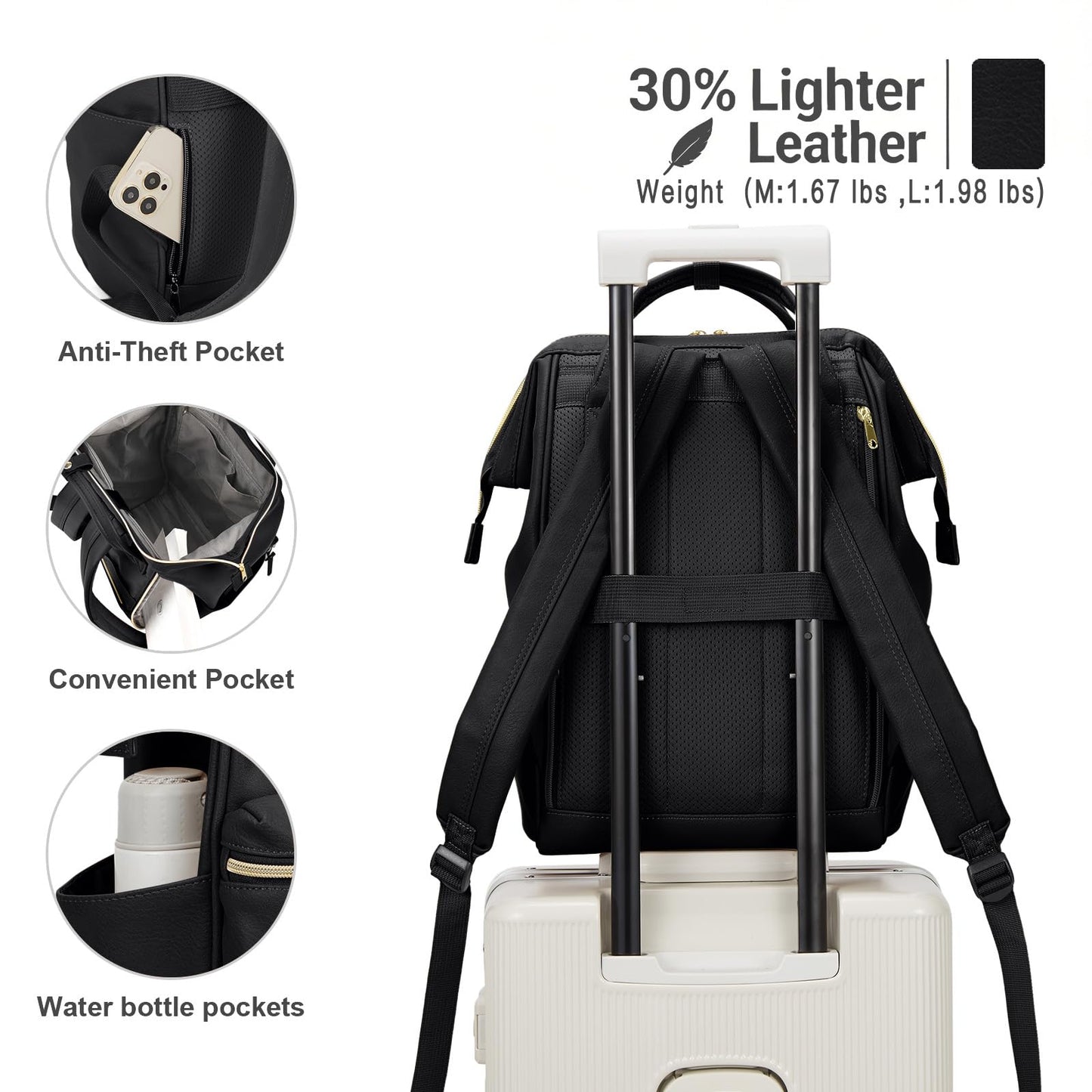 Kah&Kee Leather Laptop Backpack for Women, 15.6-16 Inch Professional Work Bag, Water-Resistant Vegan Leather Doctor Bag Backpack for Teacher, Nurse & Travel, Fits MacBook Pro 16 (Black,Large)