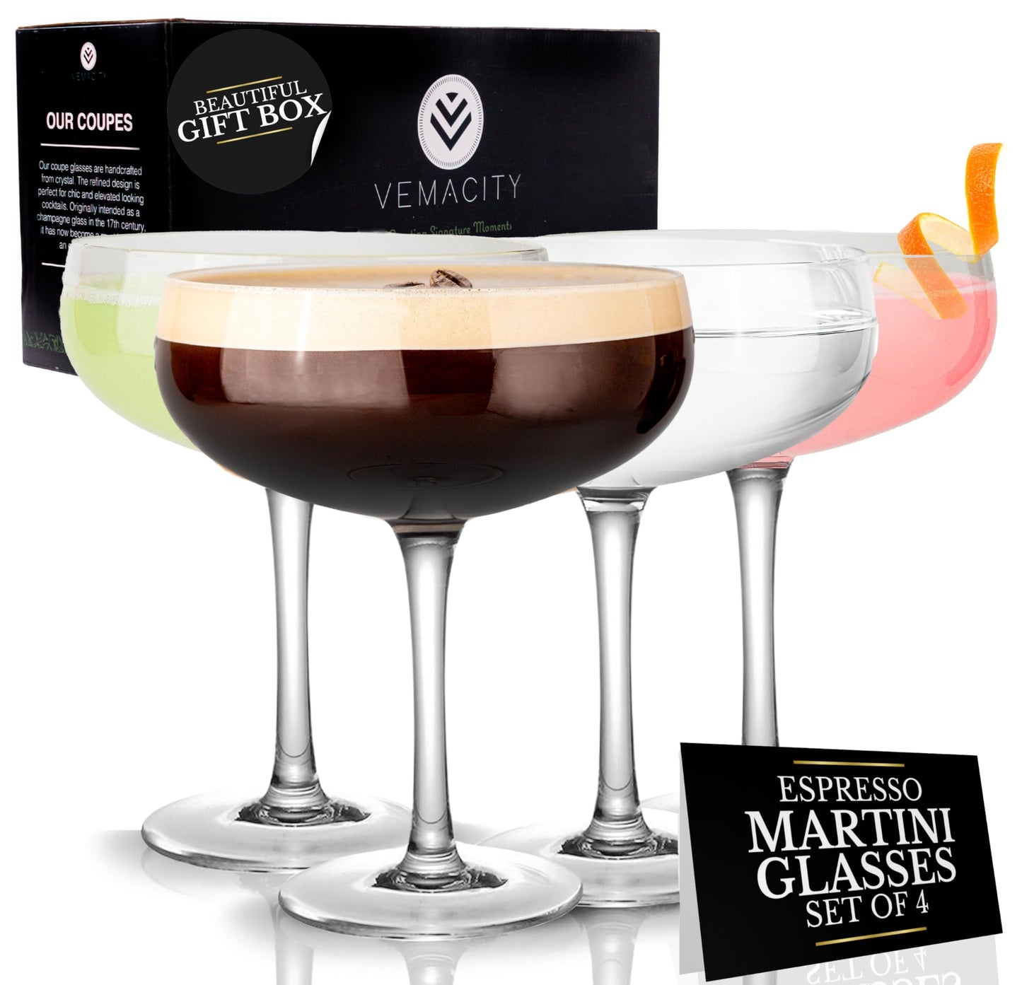 Elegant Handmade Crystal Coupe Cocktail Glasses Set of 4 | Large Martini and Espresso Martini Glass | Quality Champagne Coupe | Ideal for Martinis and Margaritas