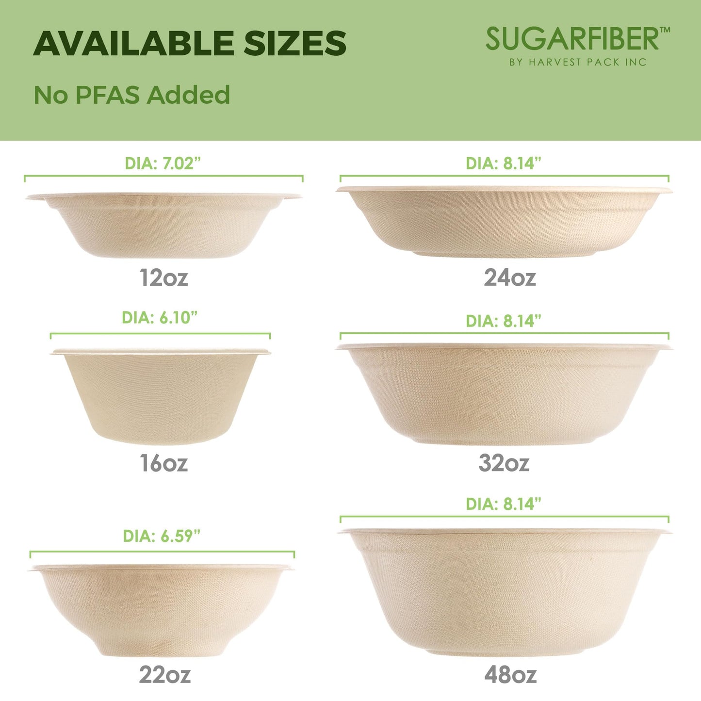 [50 Count] Sugarfiber by Harvest Pack PFAS Free 24oz Round Paper Bowls - Compostable Heavy-Duty Eco-Friendly Disposable Bagasse Bowl Sugarcane Made Plant fibers for Meal Prep