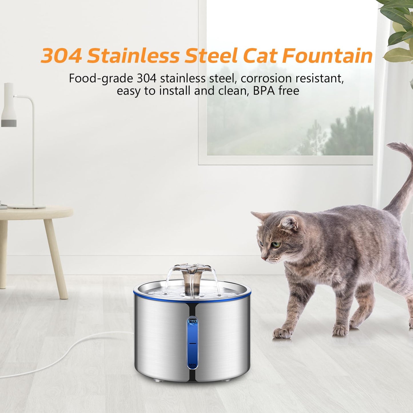 BOORCA Cat Water Fountain, 2.5L Stainless Steel Pet Water Dispenser, Ultra-Quiet Pump, Perfect for Cats, Dogs and Multiple Pets