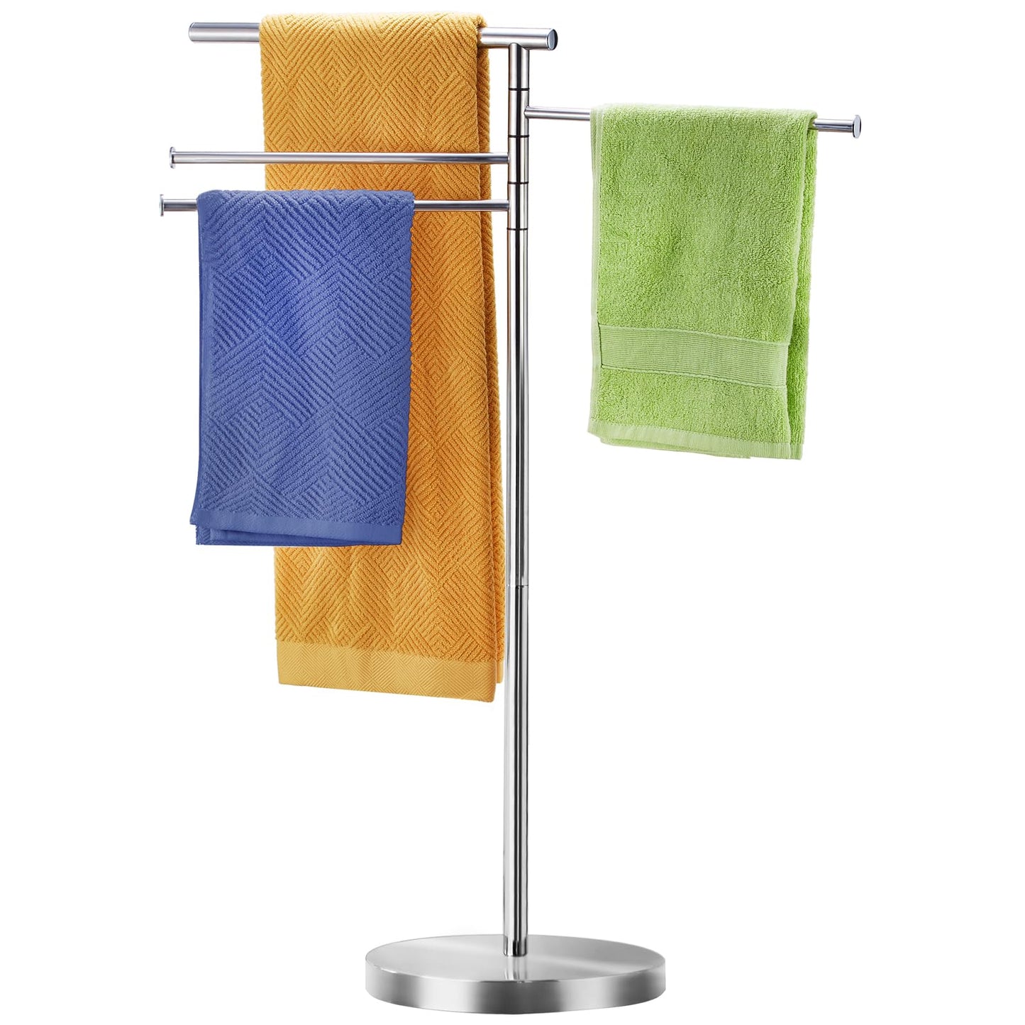 Towel Rack Bathroom, 40 Inch Tall Free Standing Towel Rack Stand with Weighted Base, Modern Floor Towel Drying Storage Holder with 4 Swivel Arms, Stainless Steel Chrome, YOFOVI