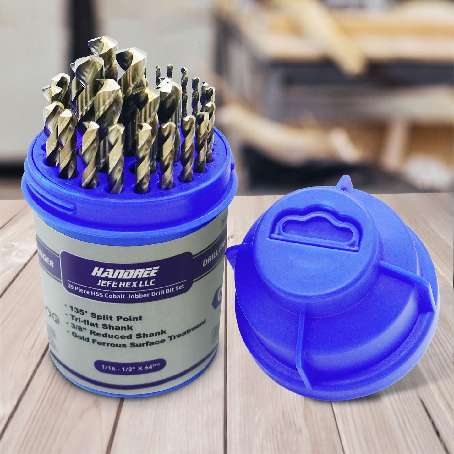 JEFE HEX 29 PCS M35 Cobalt Drill Bit Set, HSS Twist Jobber Drill Bits with 135 Degrees Split Point and Three-Flat Shank, 3/8” Reduced Shank, Gold Oxide Metal Drill Bits Set (1/16” - 1/2” x 1/64”)