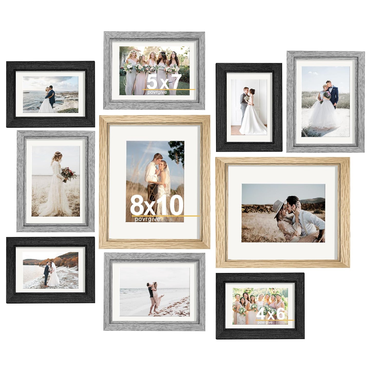 Picture Frames, Made of Real Glass and Wooden Frame, Gallery Photo Frames Set of 10 for Collage Wall Decor, Multi Sizes Including 8x10, 5x7, 4x6 for Mounting or Tabletop Display, Wood