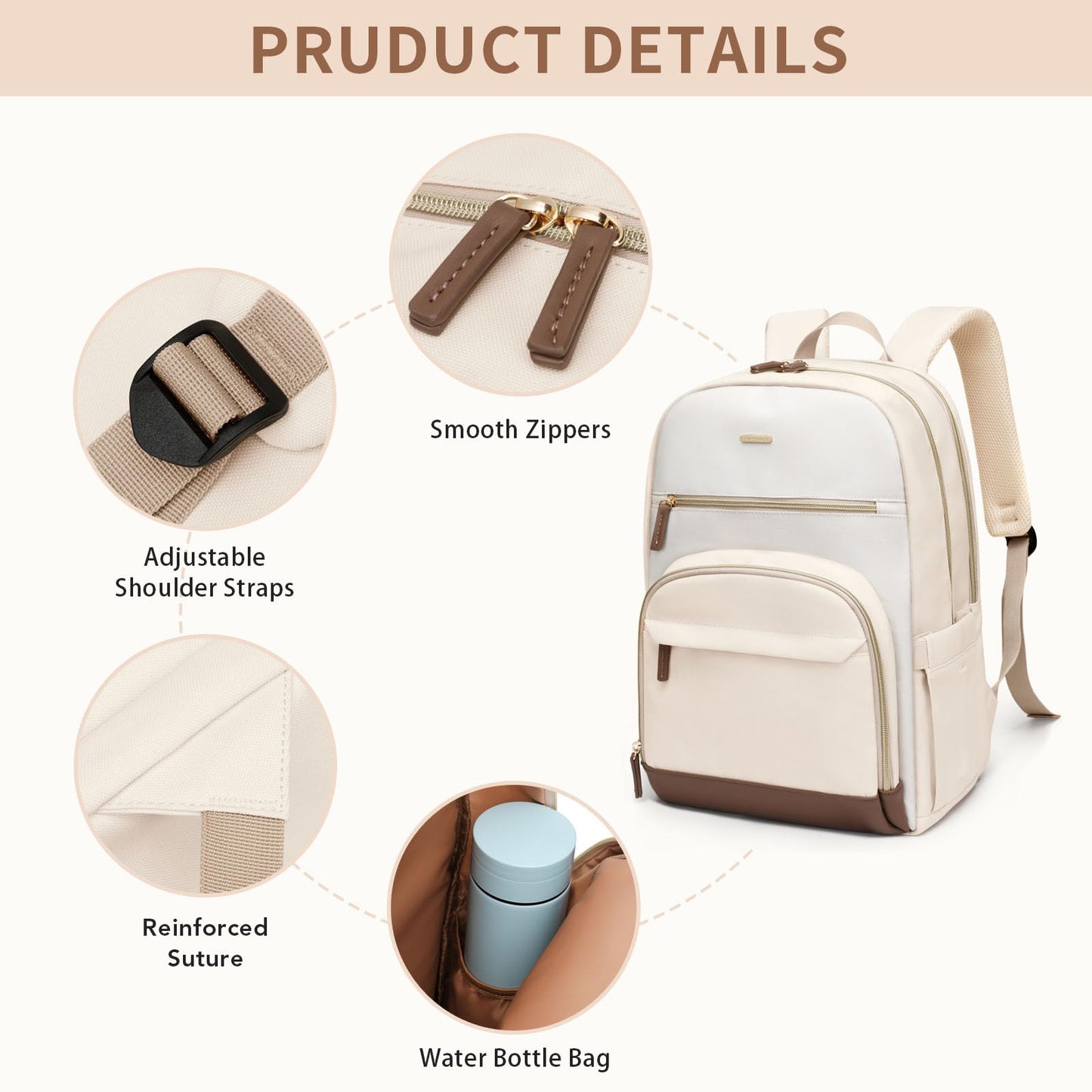 TENSTAR Laptop Backpack for Women, Computer Backpack Fit 16 Inch Notebook, Large Capacity College Backpack Bookbag Casual Daypack for Travel, Apricot