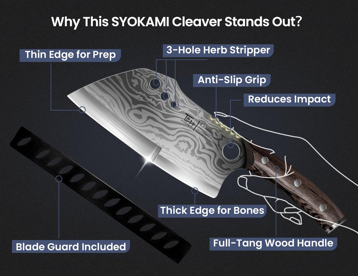 SYOKAMI Meat Cleaver Chef Knife, 7.7 Inch Multifunction Butcher Knife with Herb Stripper and Sheath, Chinese Cleaver Heavy Duty Bone Chopper, Meat Cutting, Damascus Pattern Full Tang Wood Handle