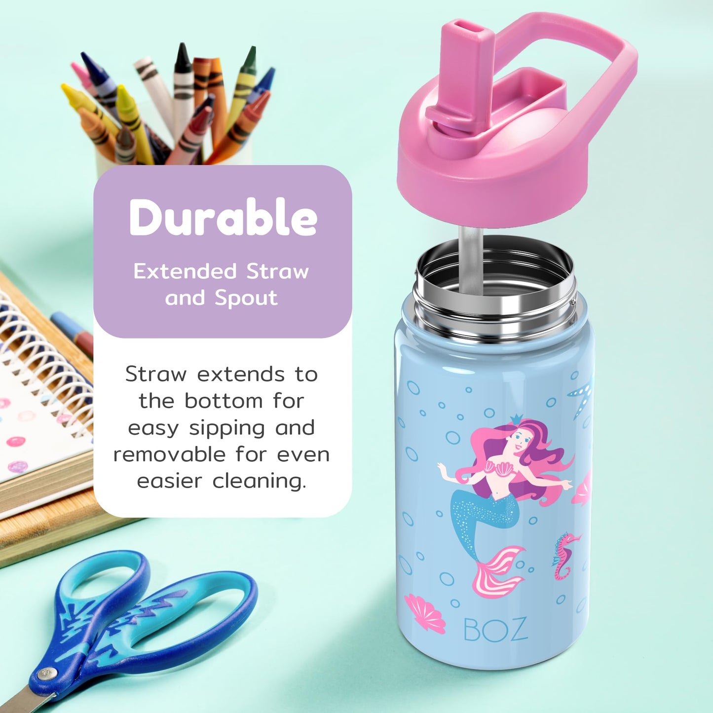 BOZ Kids Insulated Water Bottle with Straw Lid - Two-Pack Unicorn/Mermaid Stainless Steel Vacuum Double Wall Toddler Bottle, 14 oz (414ml) Scratch-Resistant and Dishwasher-Safe
