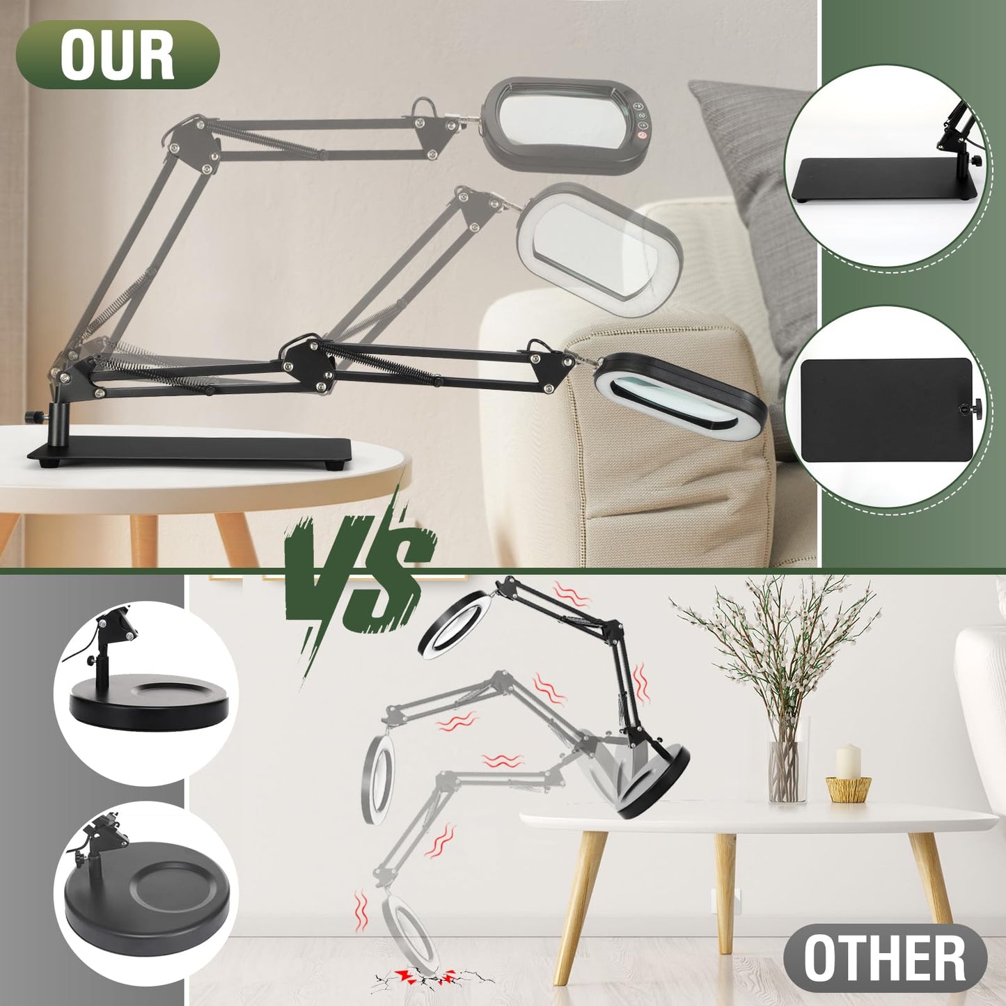 12X Rectangle Magnifying Glass with Light and Stand, 5 Color Modes Stepless Dimmable, 2-in-1 LED Desk Lamp with Clamp, Hands Free Lighted Magnifier for Reading Crafts Repair Painting Close Work