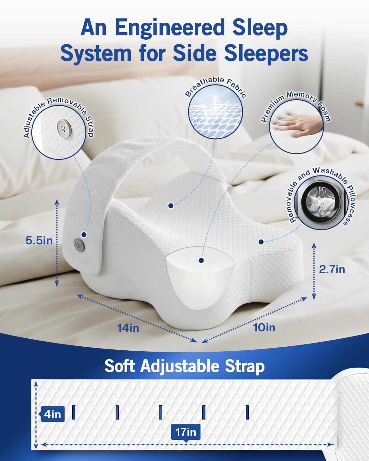 THOBEYA Knee Pillow for Side Sleepers, Leg Pillow for Hip Pain Relief & Spine Alignment, Memory Foam Pillow Between Knees with Adjustable Strap, Relief for Back, Sciatica, Joints