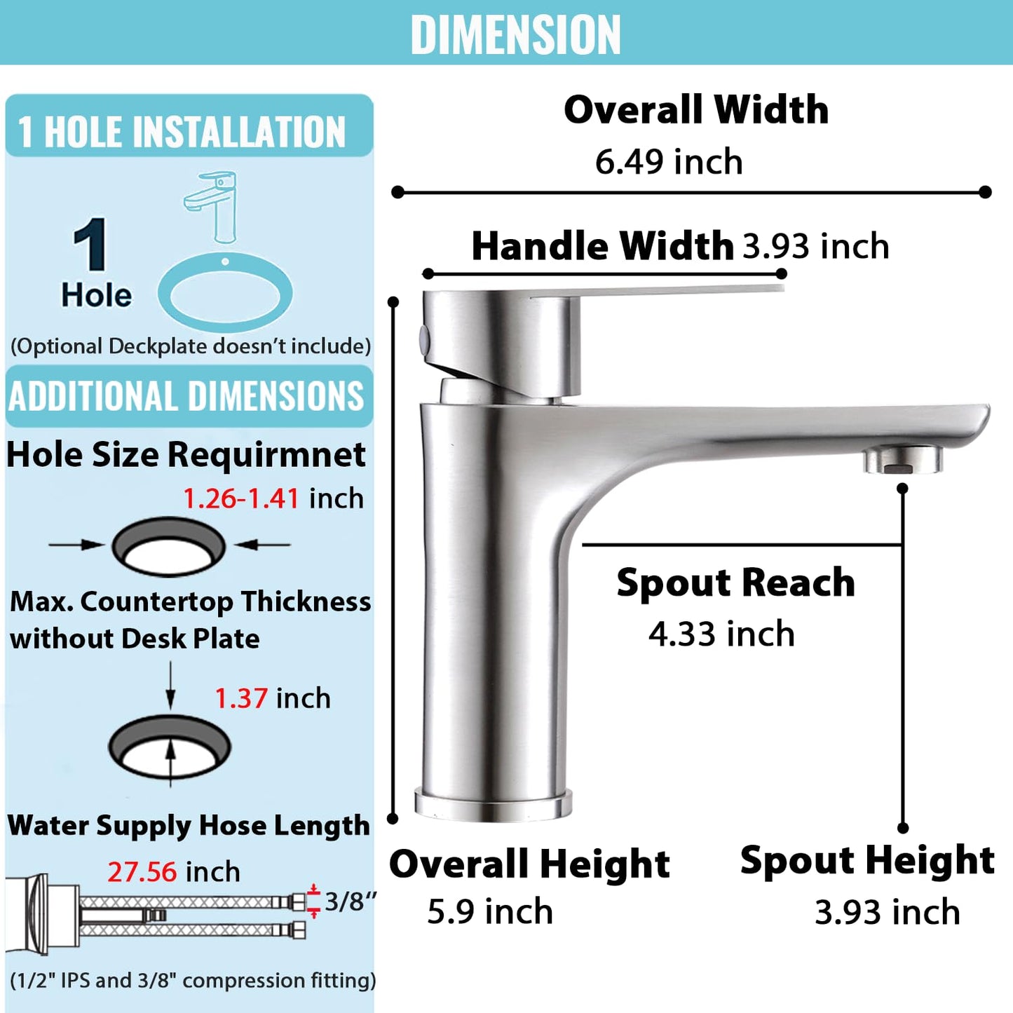 Brushed Nickel Bathroom Faucet, Single Handle Stainless Steel Bathroom Sink Faucet, Single Hole Faucet Bathroom Sink, 1 Hole Bathroom Fauect for RV Camper Farmhouse Lavatory Bar Vanity Sink, BF019L
