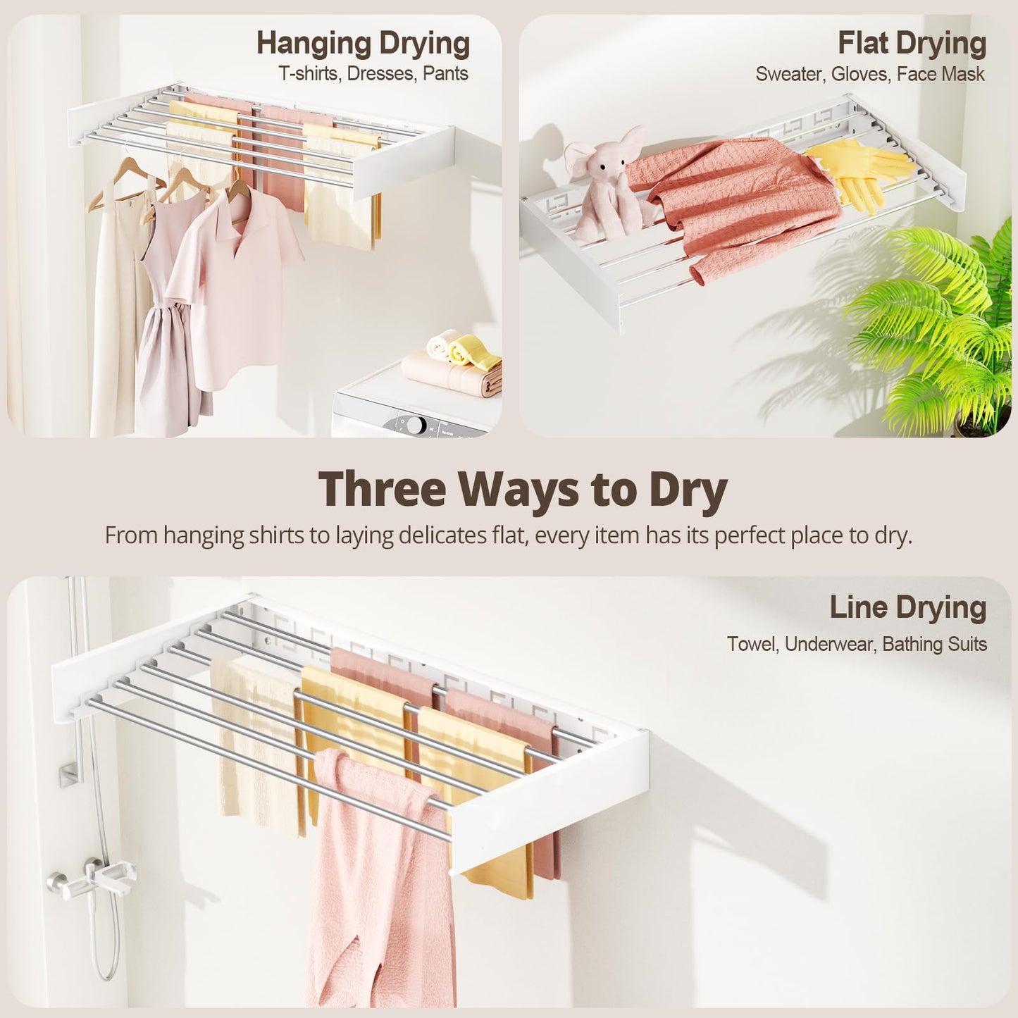 Vasunray Wall Mounted Clothes Drying Rack Folding Indoor, Foldable Laundry Drying Rack Collapsible,Invisible, Space Saving, Retractable Towel Drying Rack, with Wall Template(6 Drying Rods, White 40")