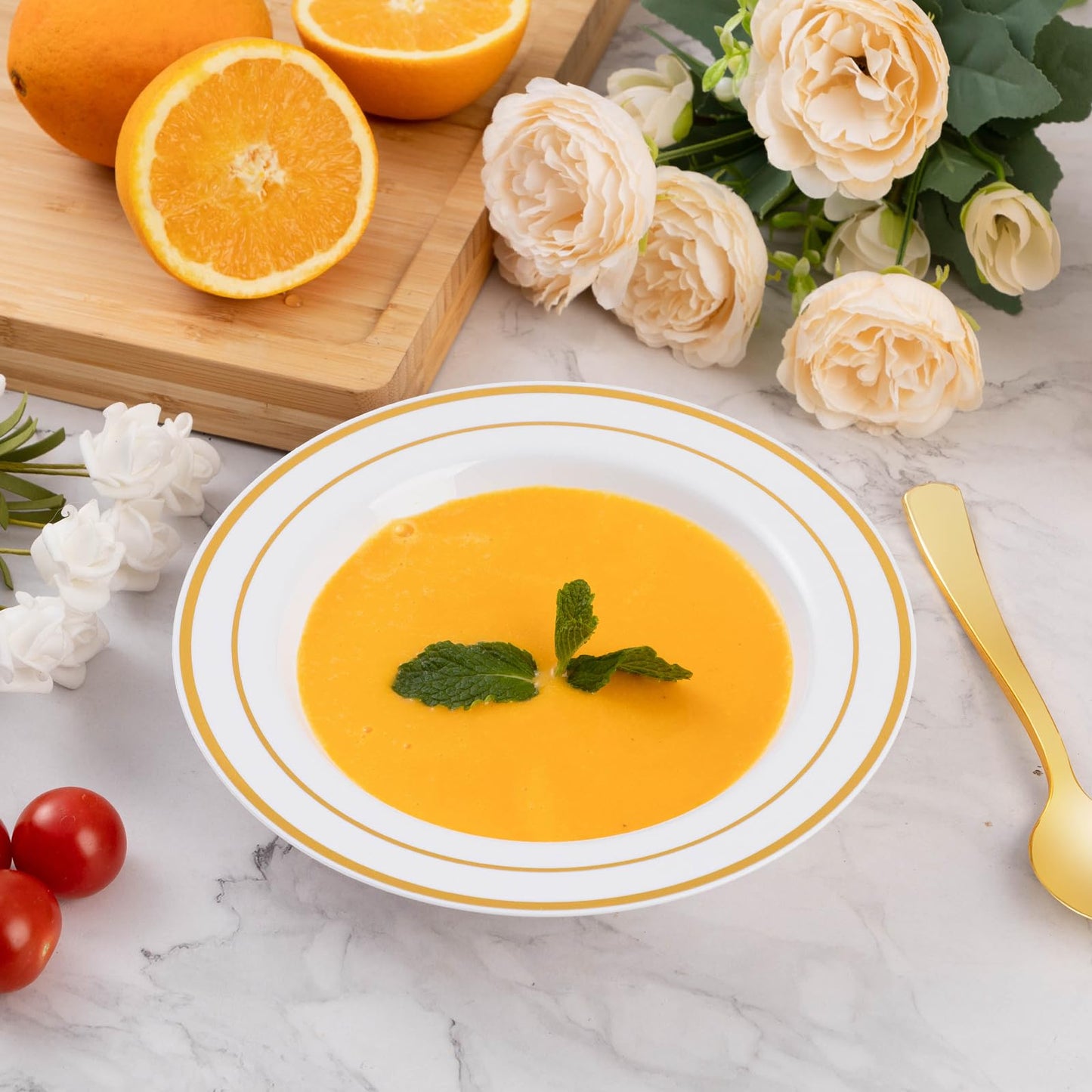 Goodluck 50 Pack Plastic Soup Bowls with Gold Rim, 12oz Disposable Soup Bowls, Heavy Duty Dessert Bowls for Weddings, Parties, Dinners, Catering, Thanksgiving and Everyday Use