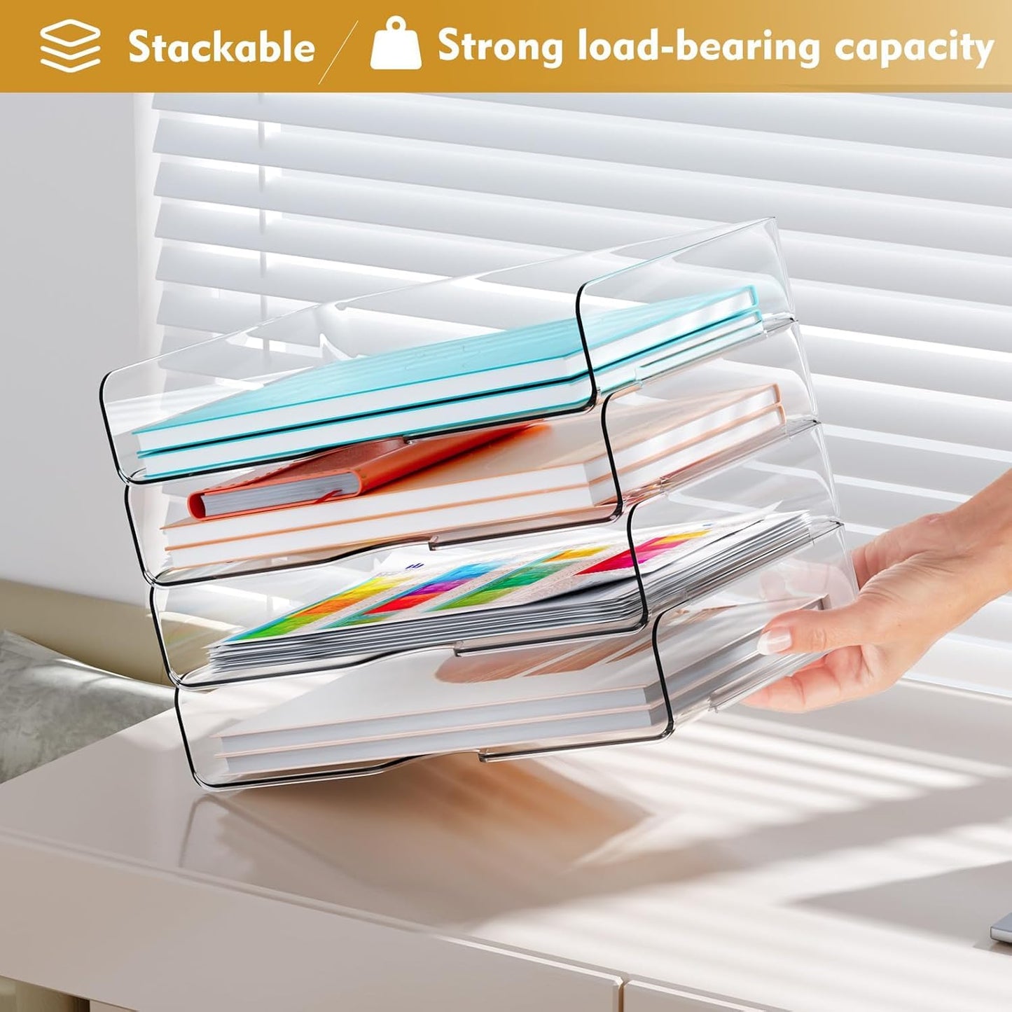 4 Trays Paper Organizer Letter Tray - Acrylic Desk File Organizer, Stackable Clear Paper Holder Sorter Office Organizer for Letter/A4, Office File Ipad Books Notes Etc (Clear Tray, 4 Pack)