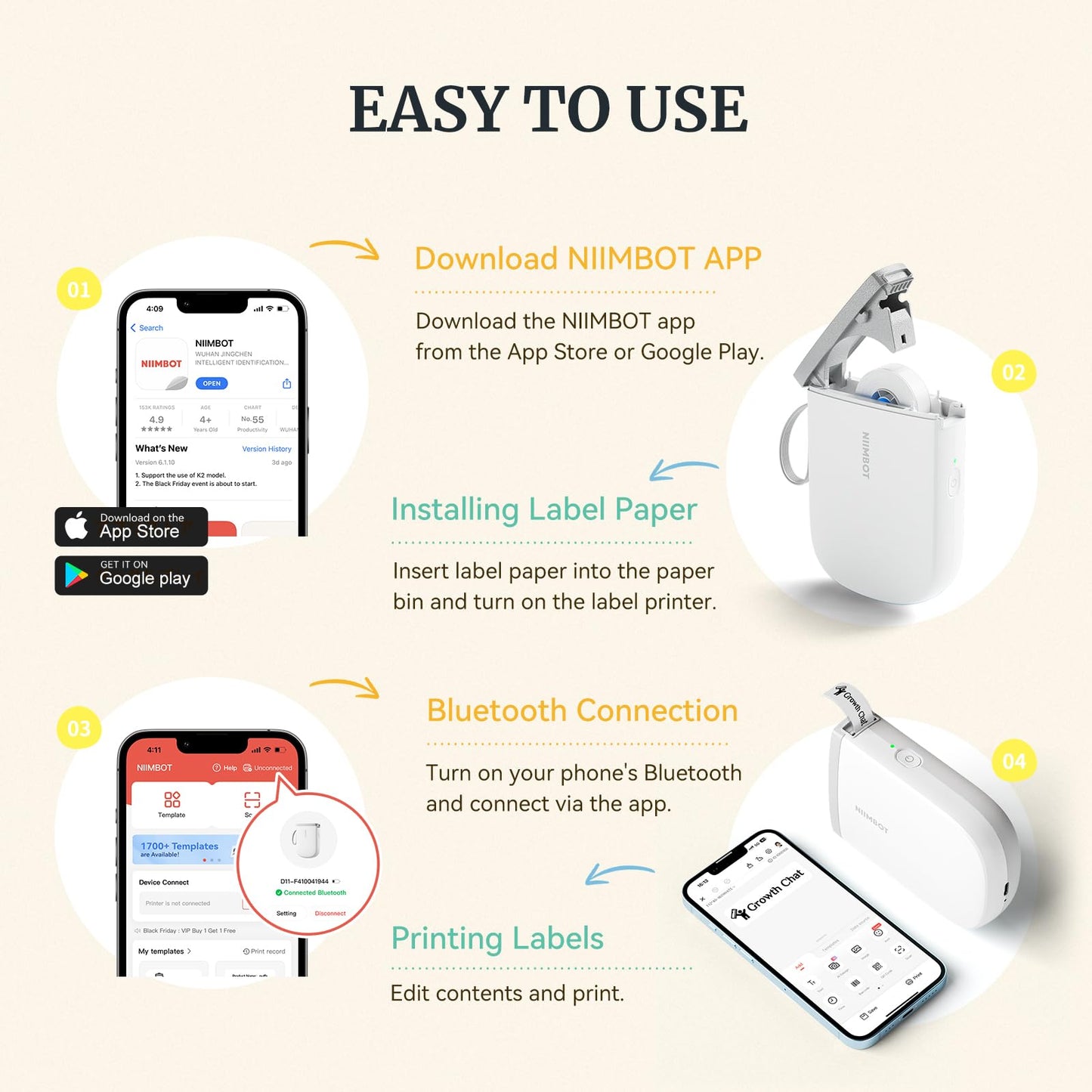 NIIMBOT D11 Label Maker Machine with Tape, Upgrade HD Printing Inkless Automatic Feeding One-Touch Custom Portable Bluetooth Sticker Printer
