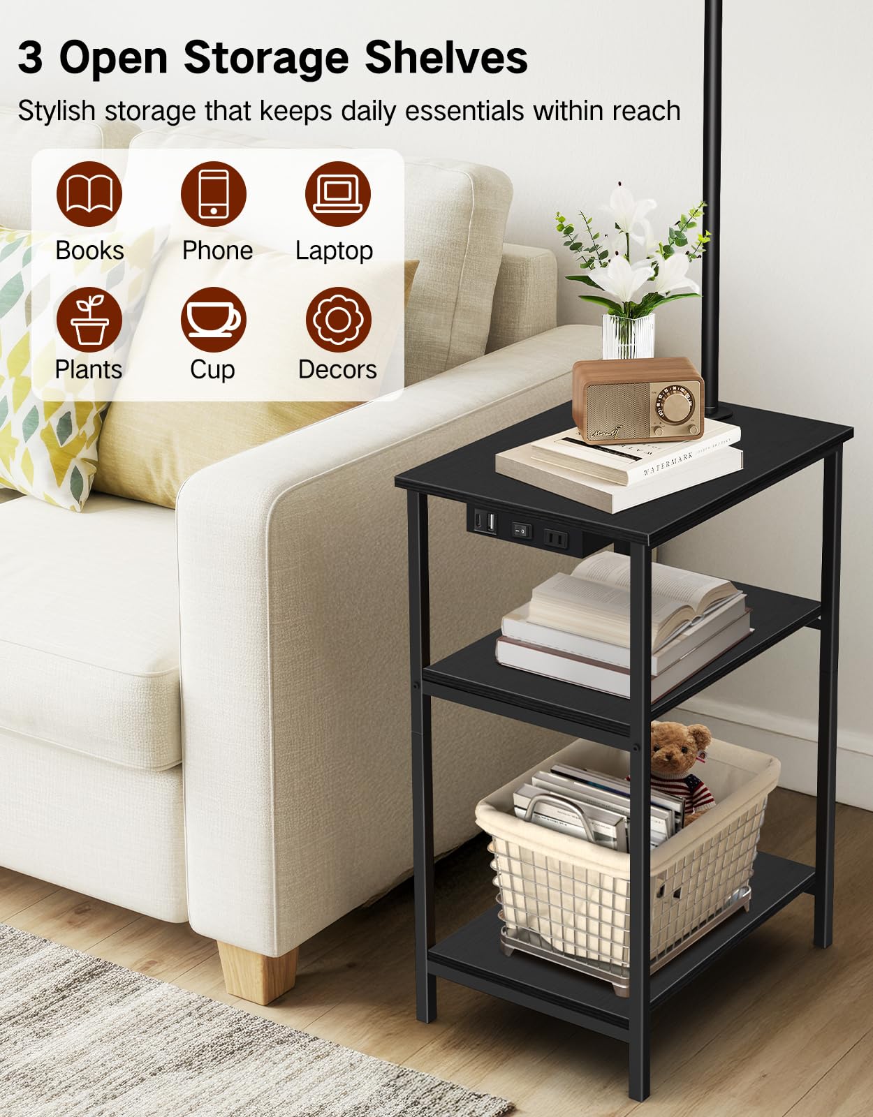 OUTONLIFE Floor Lamp with Table & Rattan Shade, Side End Table with Charging Station, Dimmable Nightstand with 3 Color Temperatures, 1-Hour Timer, 12W LED Bulb, for Living Room, Bedroom(Black)