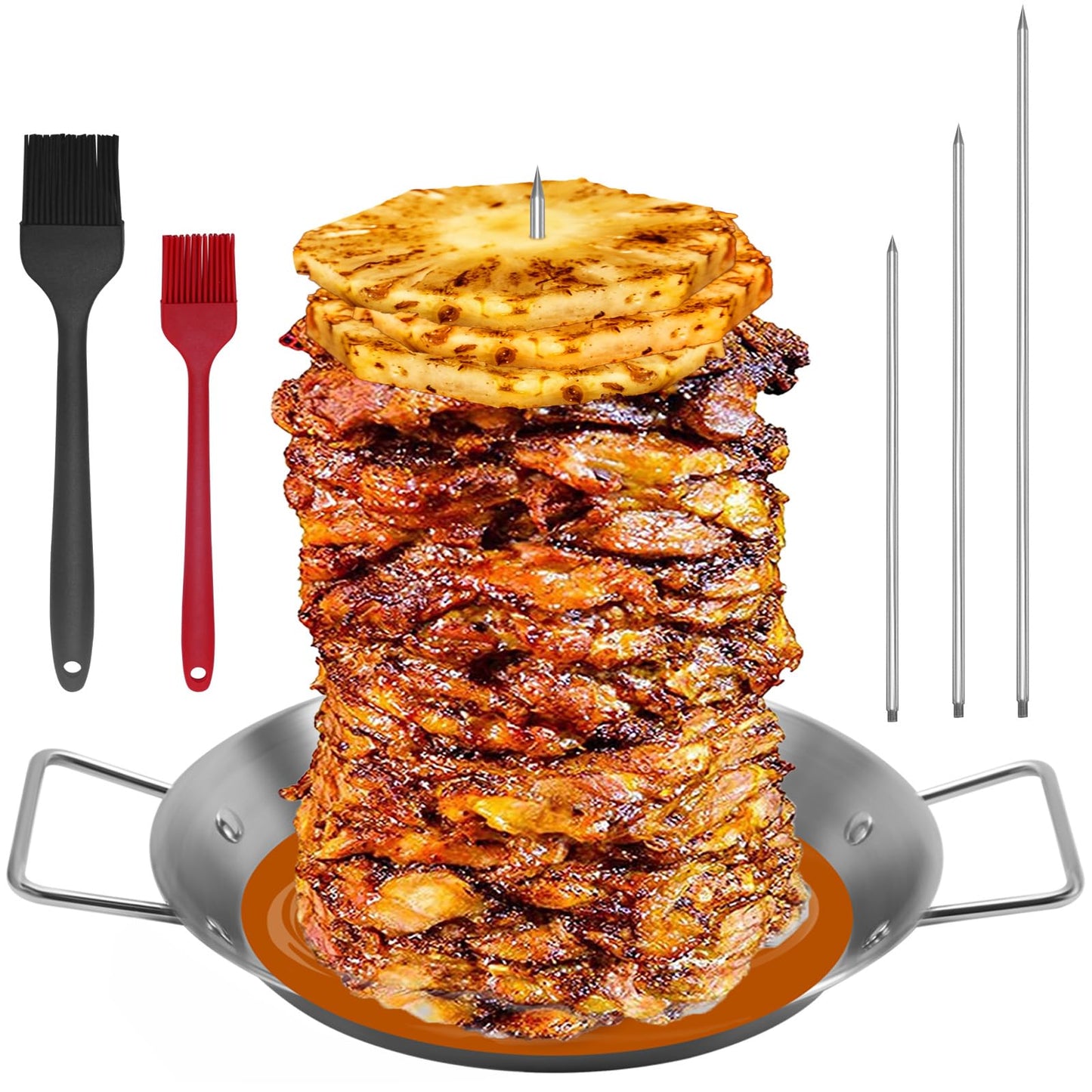 Al Pastor Skewer for Grill, Stainless Steel Vertical Skewer, Brazilian Vertical Spit with 3 Spikes(8”/10"/12”)& Brushes, for Tacos Al Pastor, Shawarma Kebabs Smoker Oven BBQ Dishes