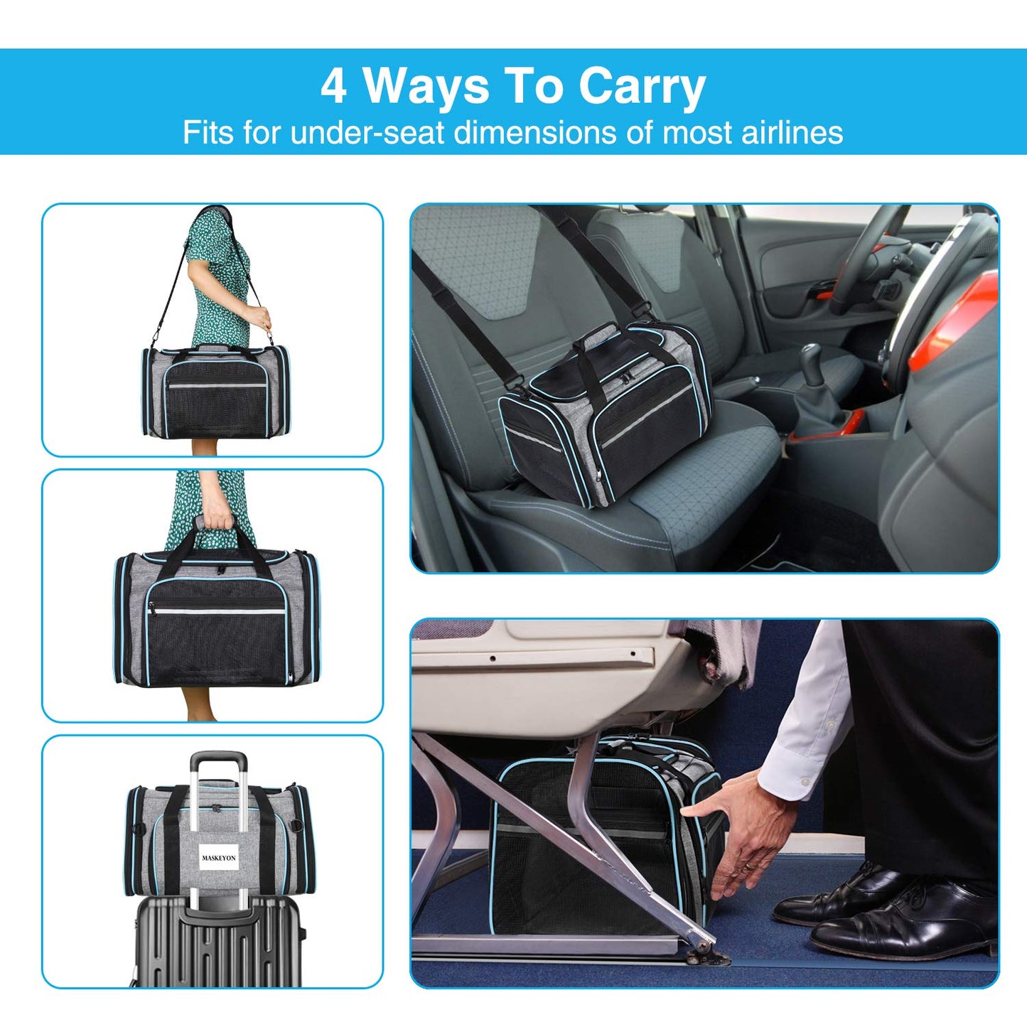MASKEYON Airline Approved Portable Pet Carrier 2 Sides Expandable Soft-Sided Large Cats Carrier Collapsible Kennel Travel TSA Carrier 4 Doors with Removable Pads and 3 Pockets for Puppy Small Dogs