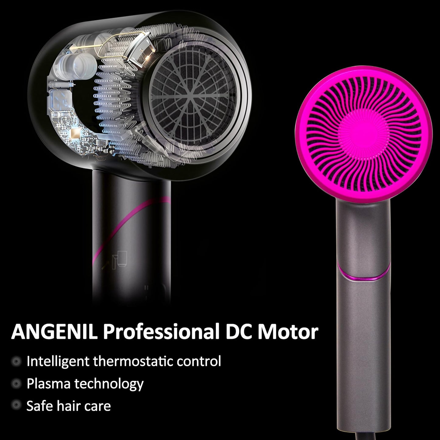 ANGENIL Ionic Blow Dryer, Magnetic Nozzle & Diffuser Hair Dryer for Curly Hair, Fast Drying Low Noise, Professional Travel Hair Dryer, Foldable Handle, 3 Constant Temp Without Hair Damage
