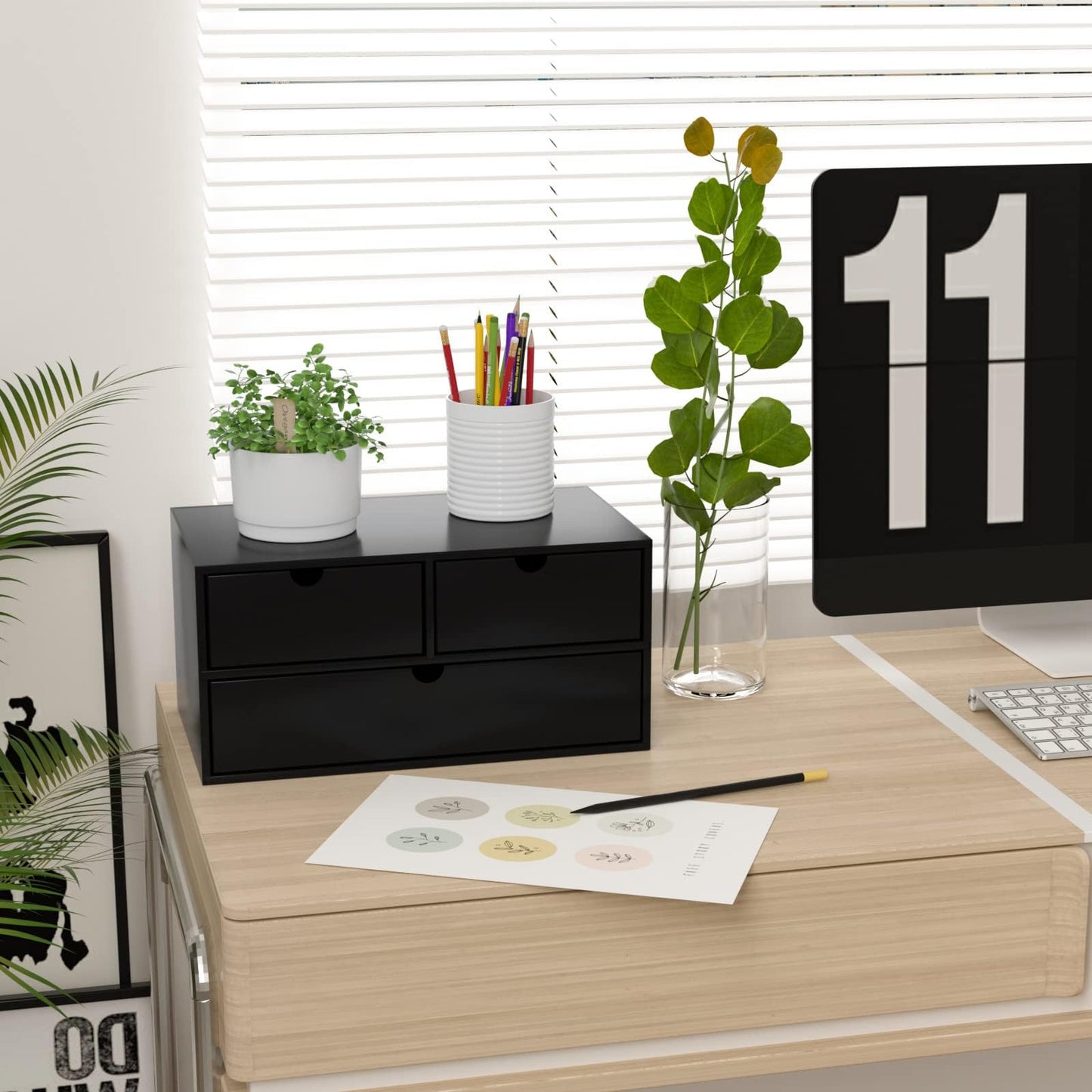 Wisuce Black Bamboo Desk Drawer Organizer, Mail Organizer Storage for Bills, Office Supplies, Cosmetics, Seals, Kitchen Utensils, No Assembly Required