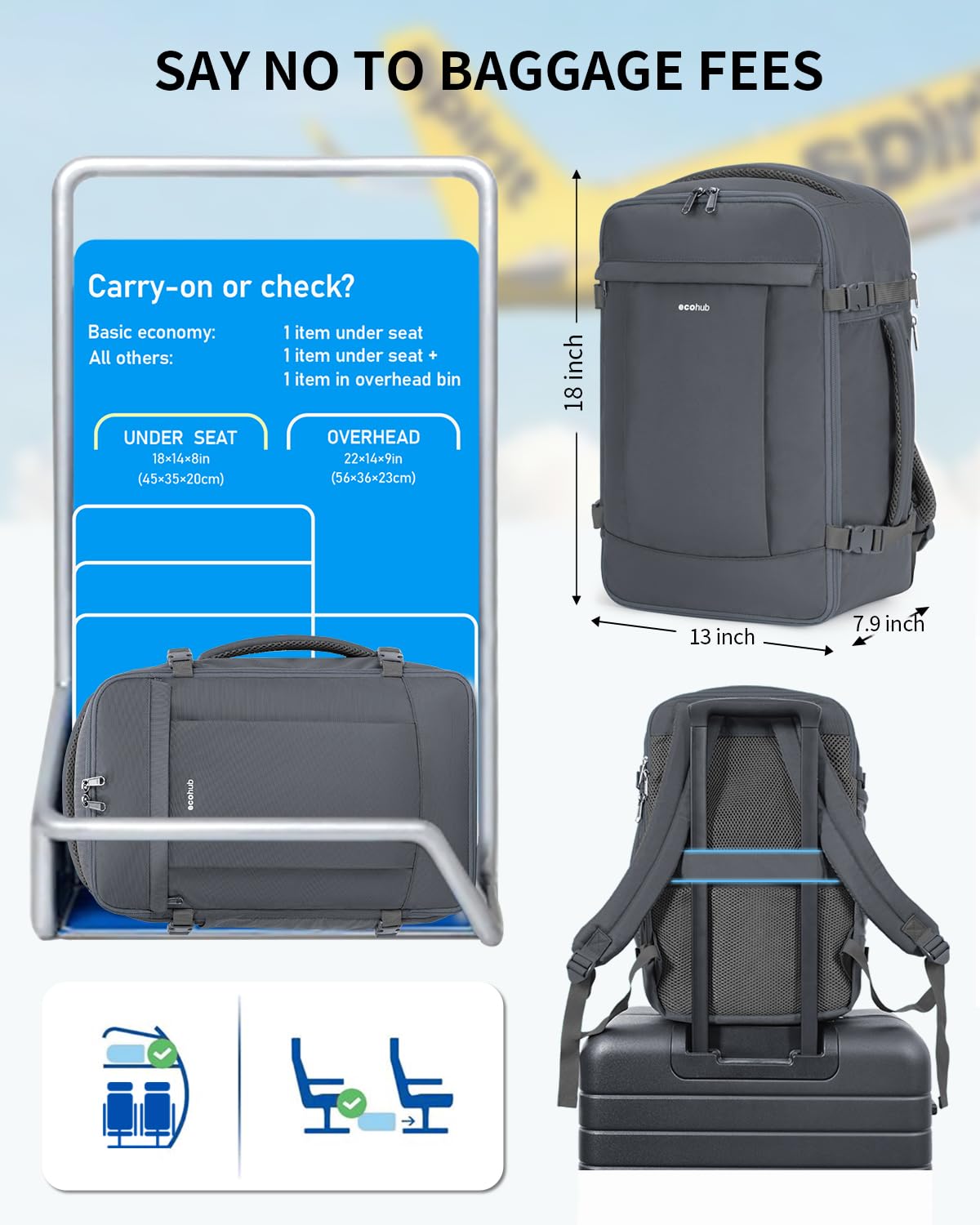 ECOHUB Travel Backpack for Women Men 17.3" Laptop Backpack Flight Approve Carry On Backpack Luggage with USB Charging Port Anti Theft Water Resistant Travel School Casual Work Backpacks 30L Grey