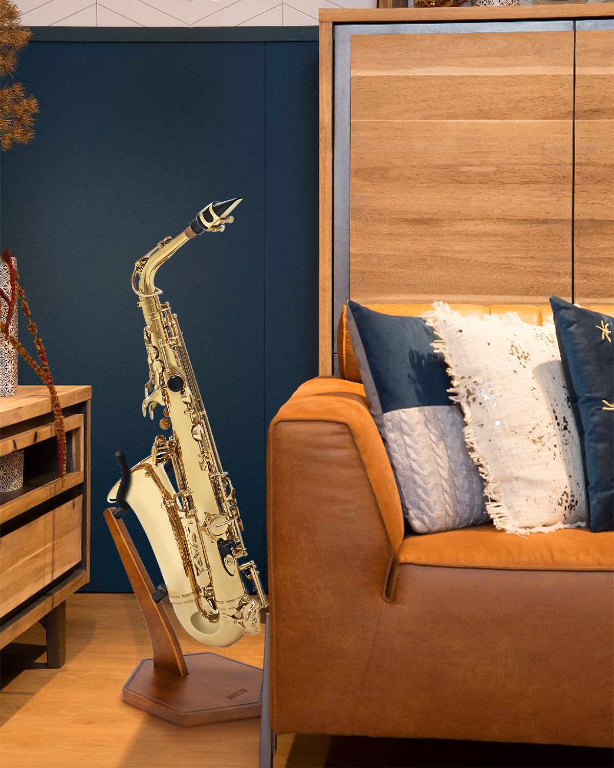 STRICH Wooden Saxophone Stand Display For Alto Tenor Sax, Handmade Solid Wood Floor Stand Holder Colour Walnut, Weighted Heavy Base (FH-4, Sax)