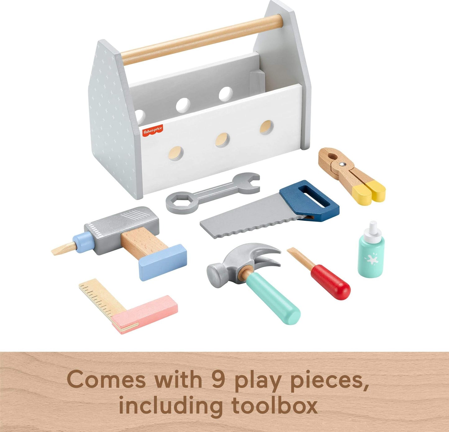 Fisher-Price Wood Pretend Play Toy Tool Box with Drill, 9-Piece Wooden Set for Building Construction Play Preschool Kids Ages 3+ Years