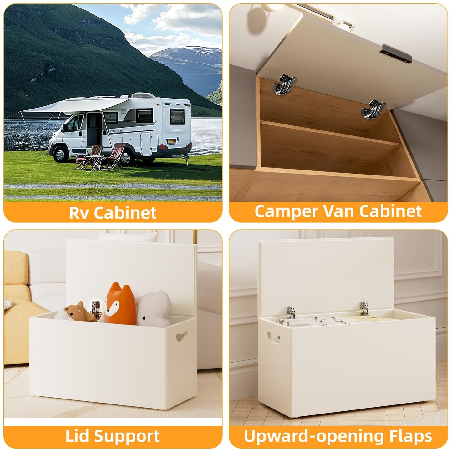 Chibery 4 Pack 90° RV Cabinet Hinges, Heavy Duty Surface Mount Soft Close Accessories, Face Frame & Frameless, Self Closing, No Pre-Drilled Cup Hole for Cabinets, Camper Van, Trailer, Vehicle-Mounted