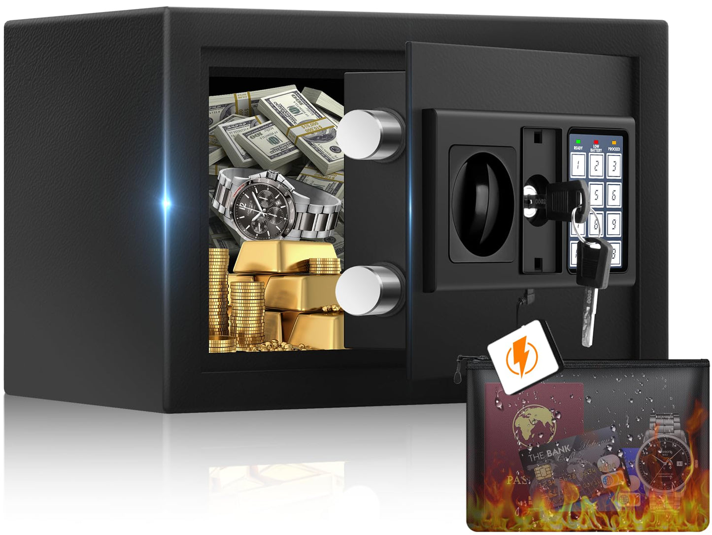 Mini Safe Box, 0.55 Cuft Home Safe with Fireproof Waterproof Bag, Anti-Theft Digital Security Lock Box with Smart Alert System, Mute Function, Personal Safes Box for Money Jewelry