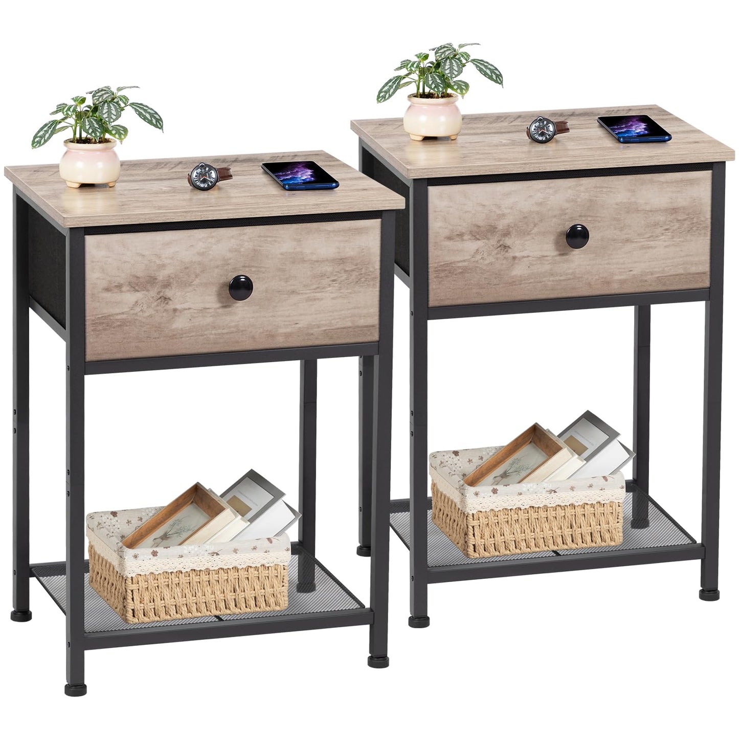 AMHANCIBLE Night Stand Set 2, Bedside Table with Fabric Drawer, Industrial End Tables Living Room with Storage Shelf, Slim Nightstand for Bedroom, Small Spaces, Grey, HET03SDGY