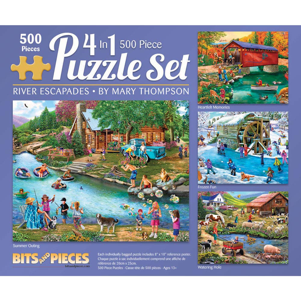 Bits and Pieces - 4-in-1 Multi-Pack - 500 Piece Jigsaw Puzzles for Adults-Each Measures 16" x 20" (46 cm x 61 cm)-River Escapades by Artist Mary Thompson